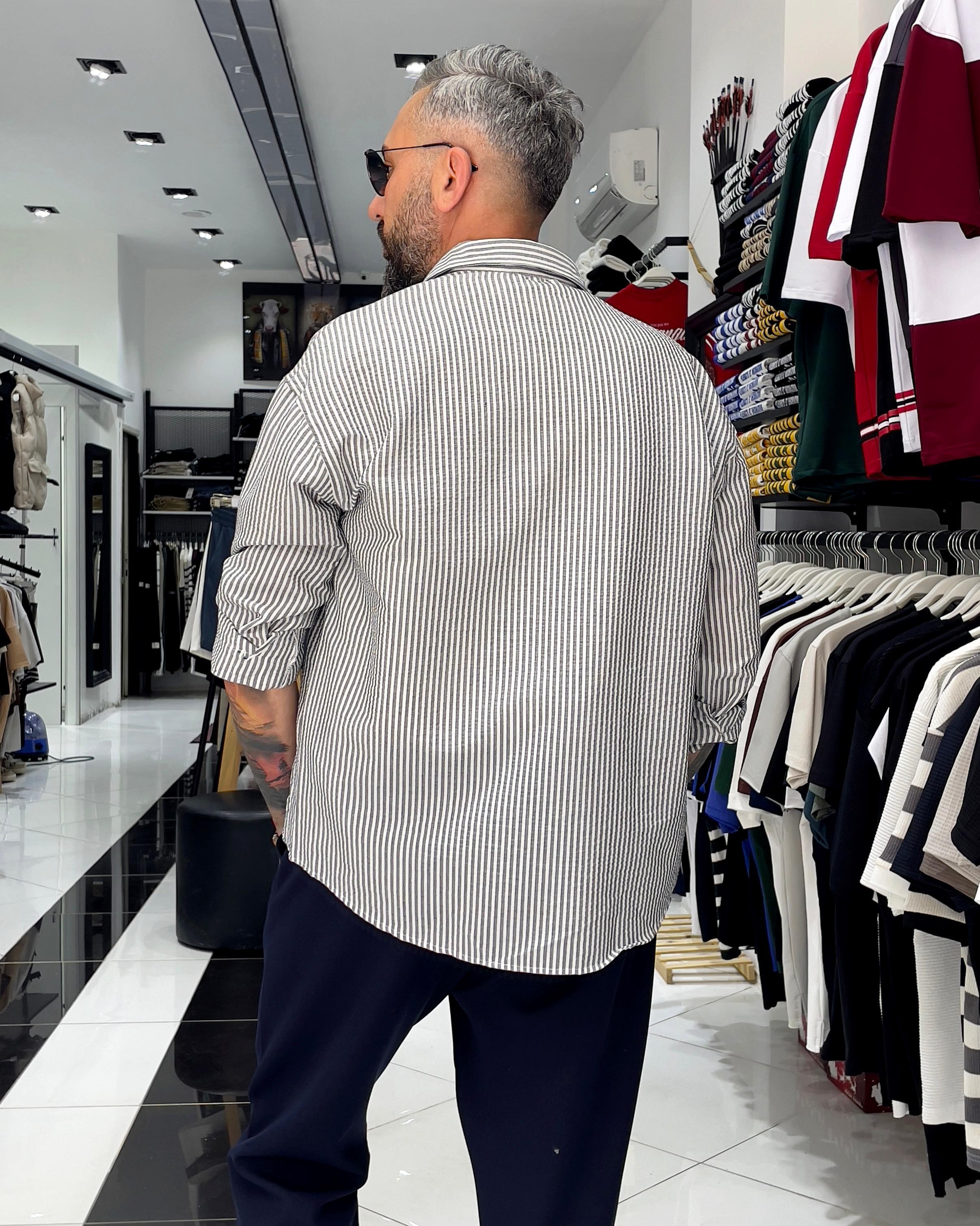 Gofre Kumaş Çizgili Oversize Erkek Gömlek - siyah