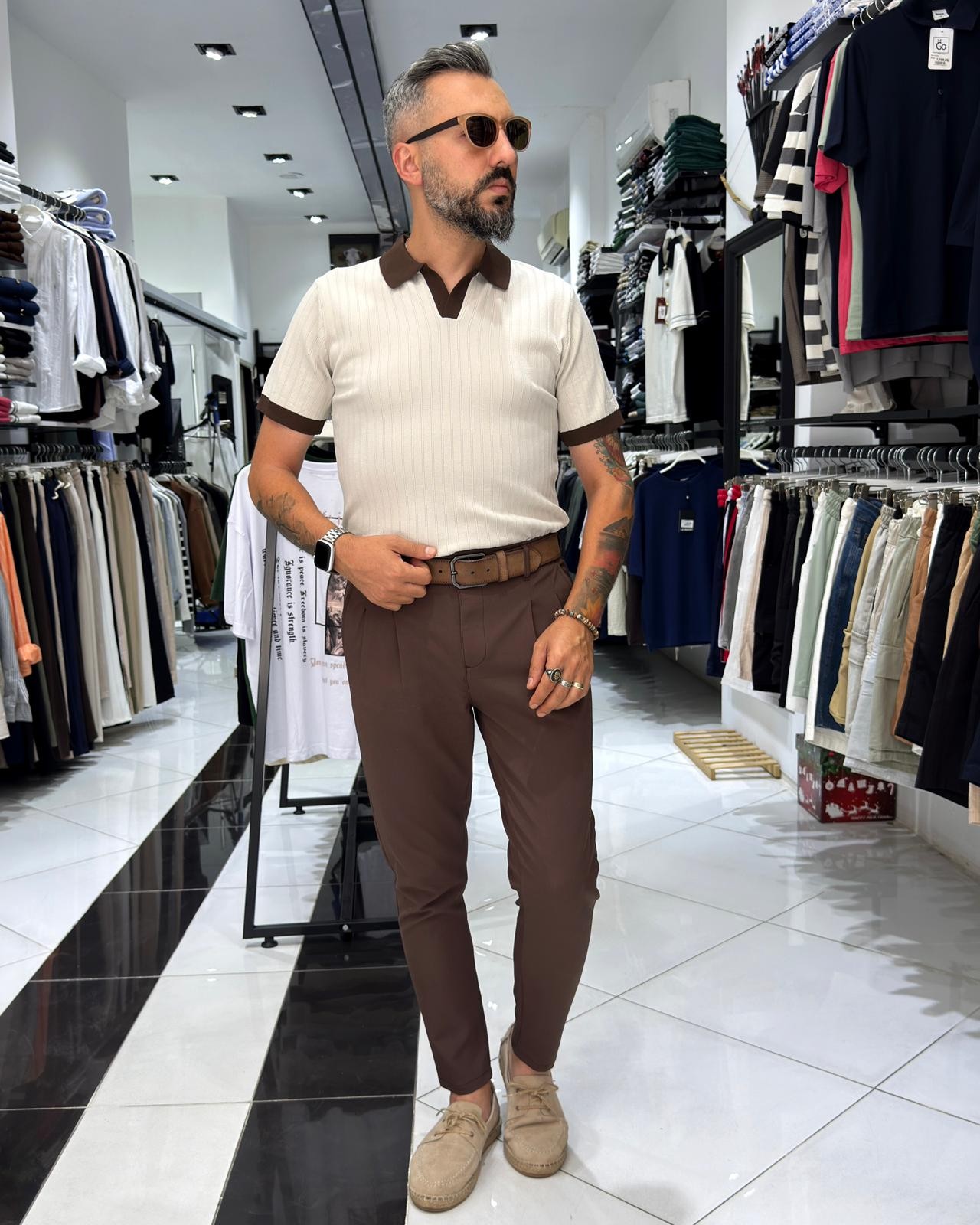 Yaka Detaylı Erkek Triko Polo Yaka T-Shirt - krem