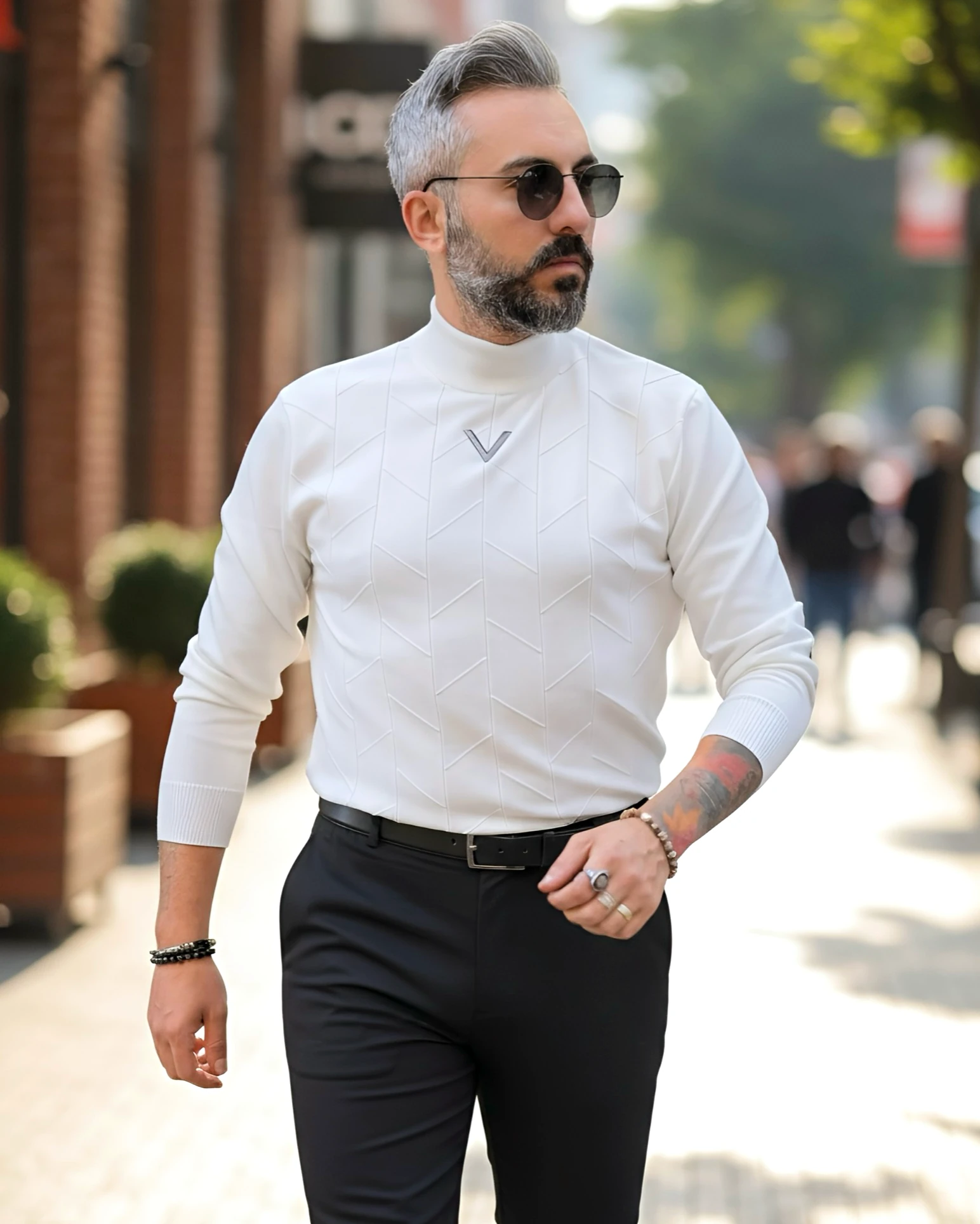 Yarım Balıkçı Desenli Triko Erkek Kazak - beyaz