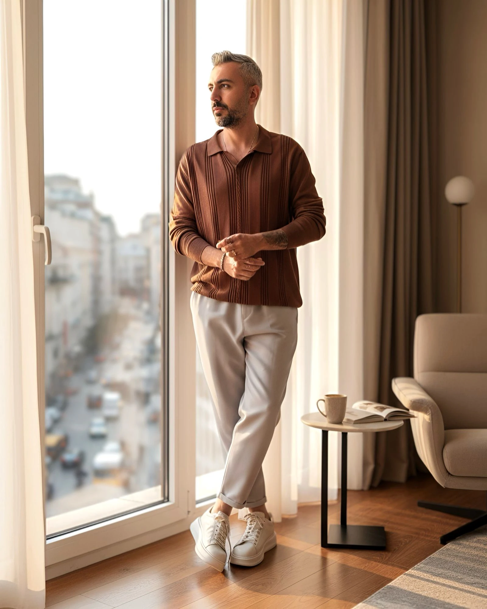 Kendinden Desenli Yakalı Erkek Triko Kazak