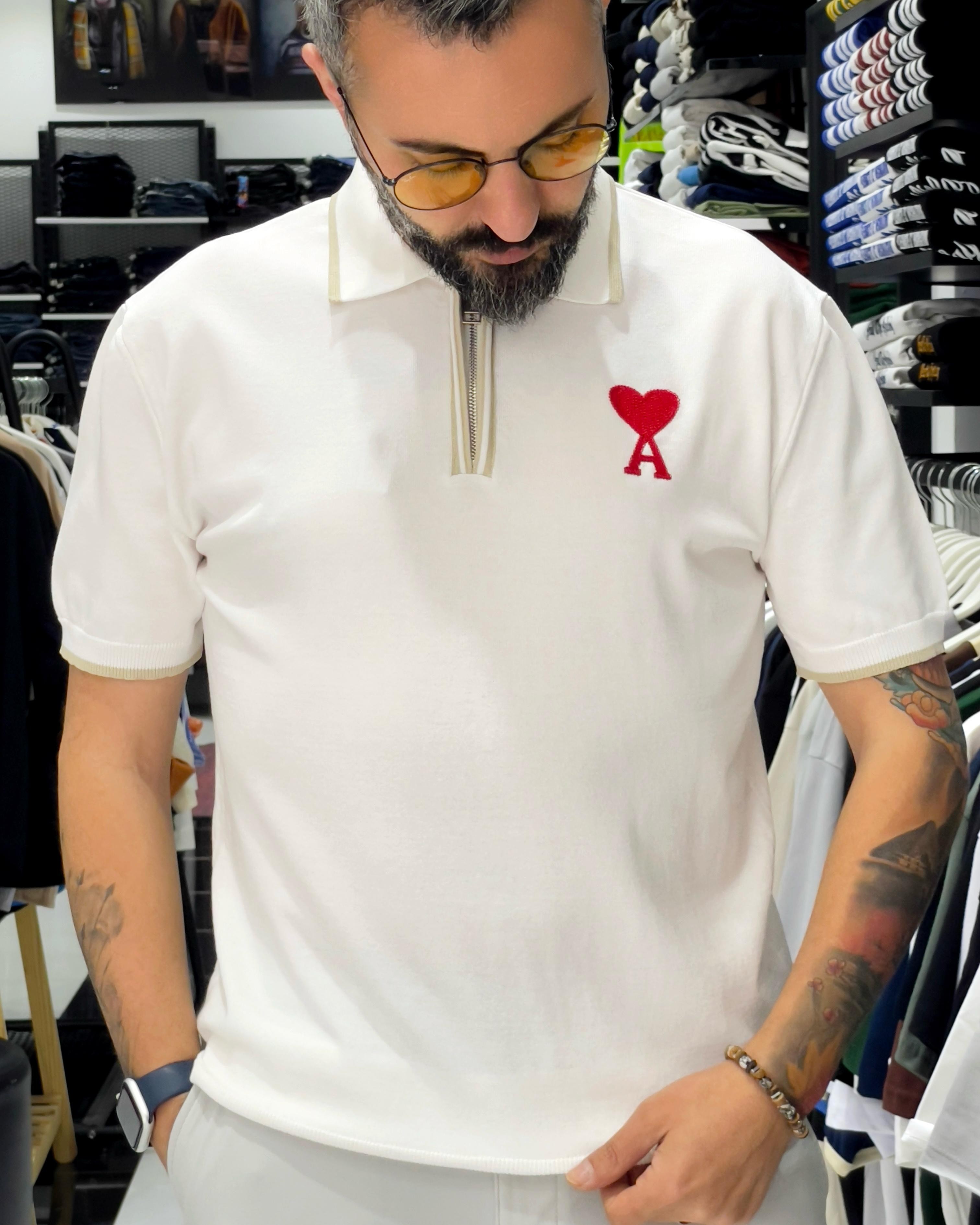 Yarım Fermuarlı Triko Polo Yaka T-Shirt - beyaz