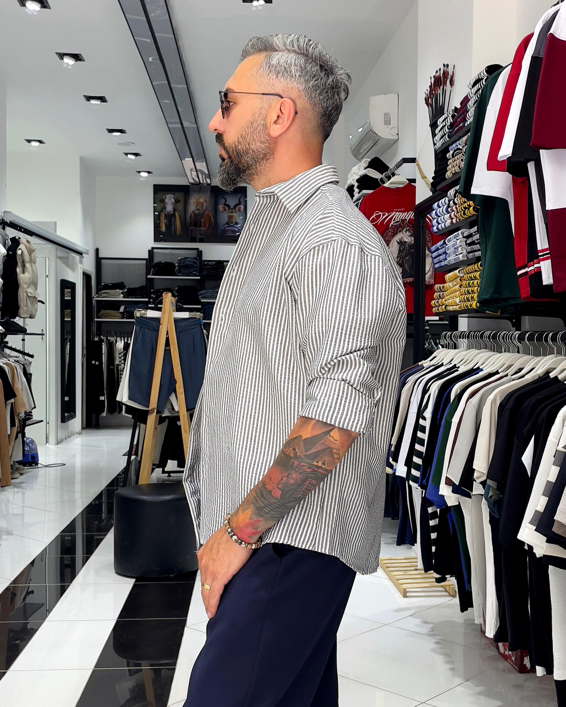 Gofre Kumaş Çizgili Oversize Erkek Gömlek - haki