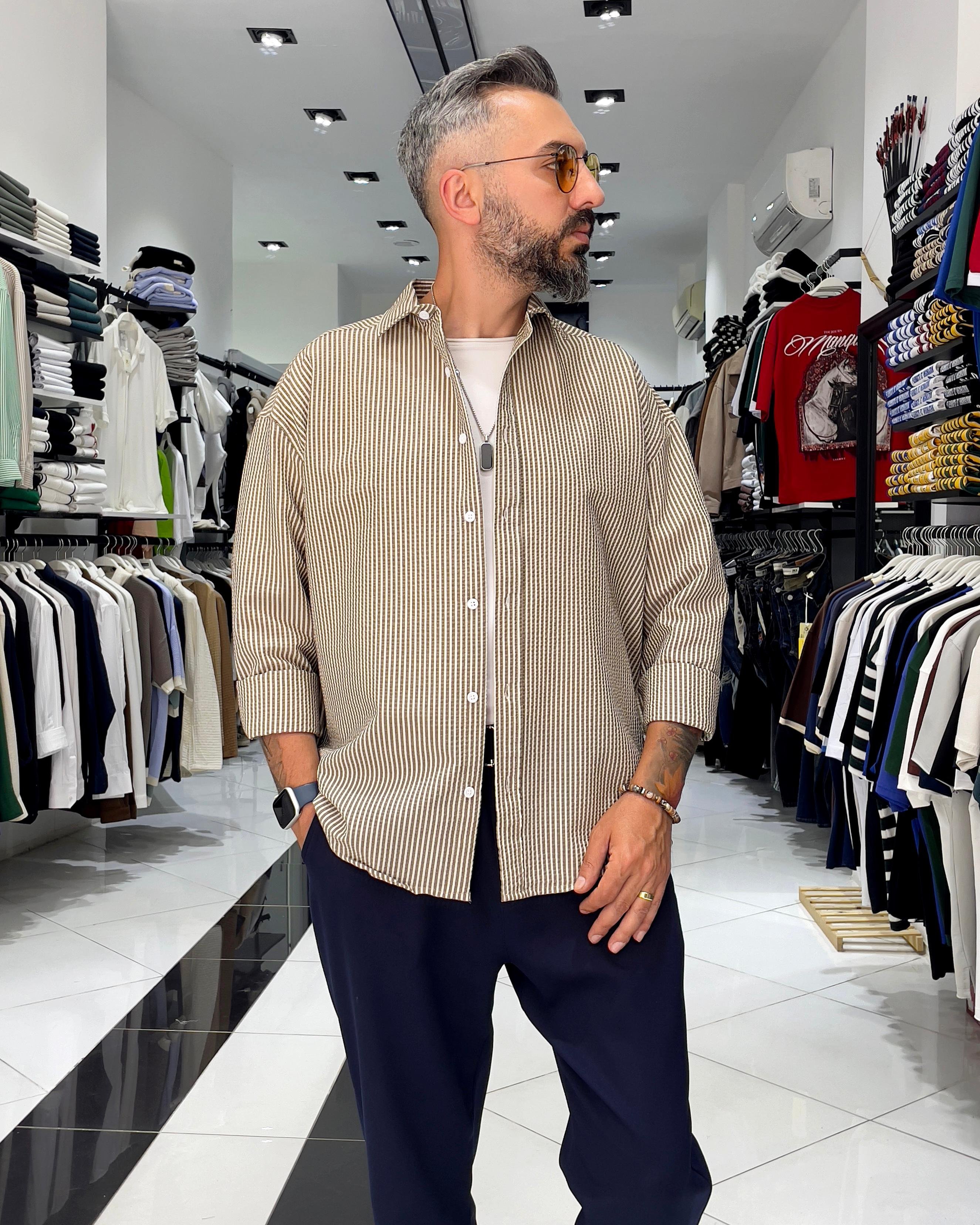 Gofre Kumaş Çizgili Oversize Erkek Gömlek - kahve
