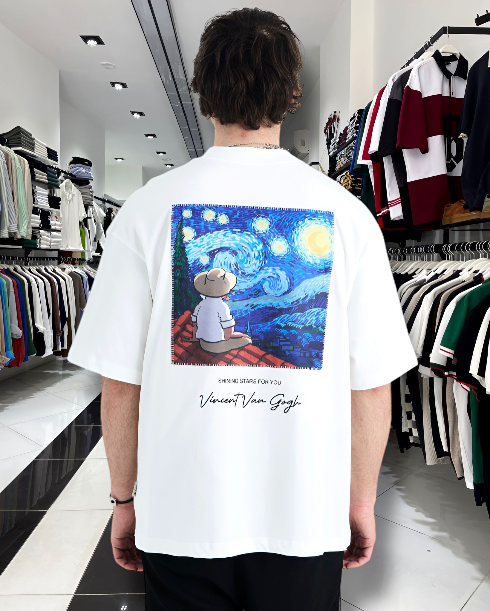 Starry Vision Sırt Kumaş Baskı Van Gogh Oversize Erkek T-Shirt - beyaz