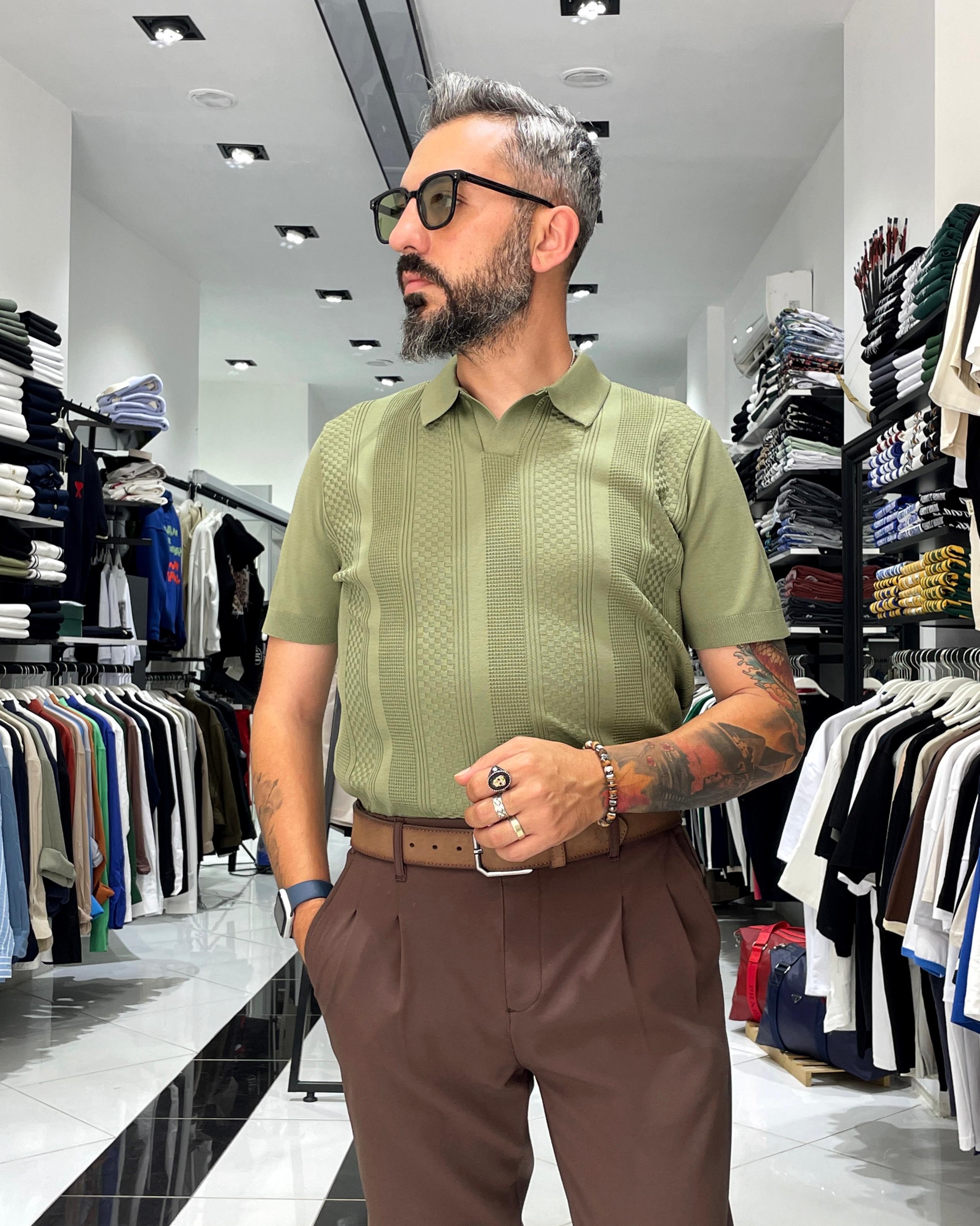 Kendinden Desenli Triko Erkek Polo Yaka T-Shirt