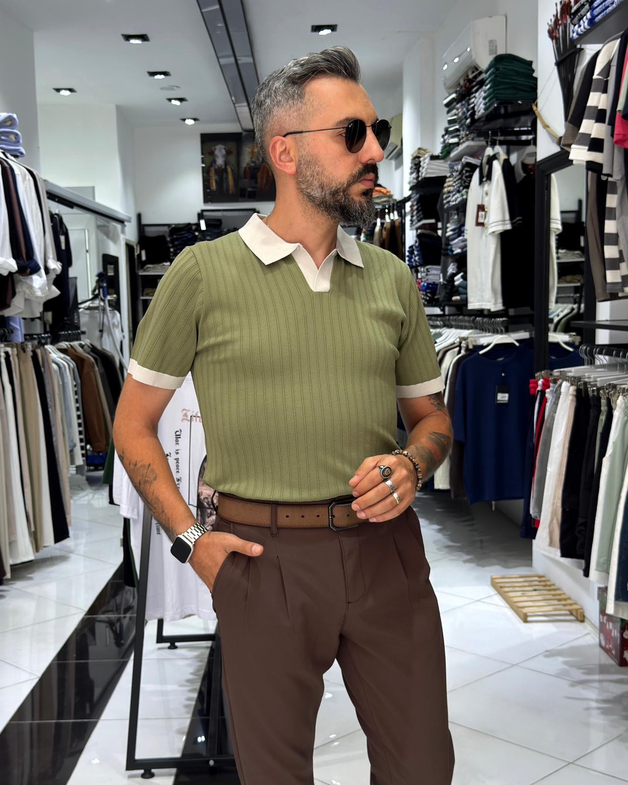 Yaka Detaylı Erkek Triko Polo Yaka T-Shirt - yeşil