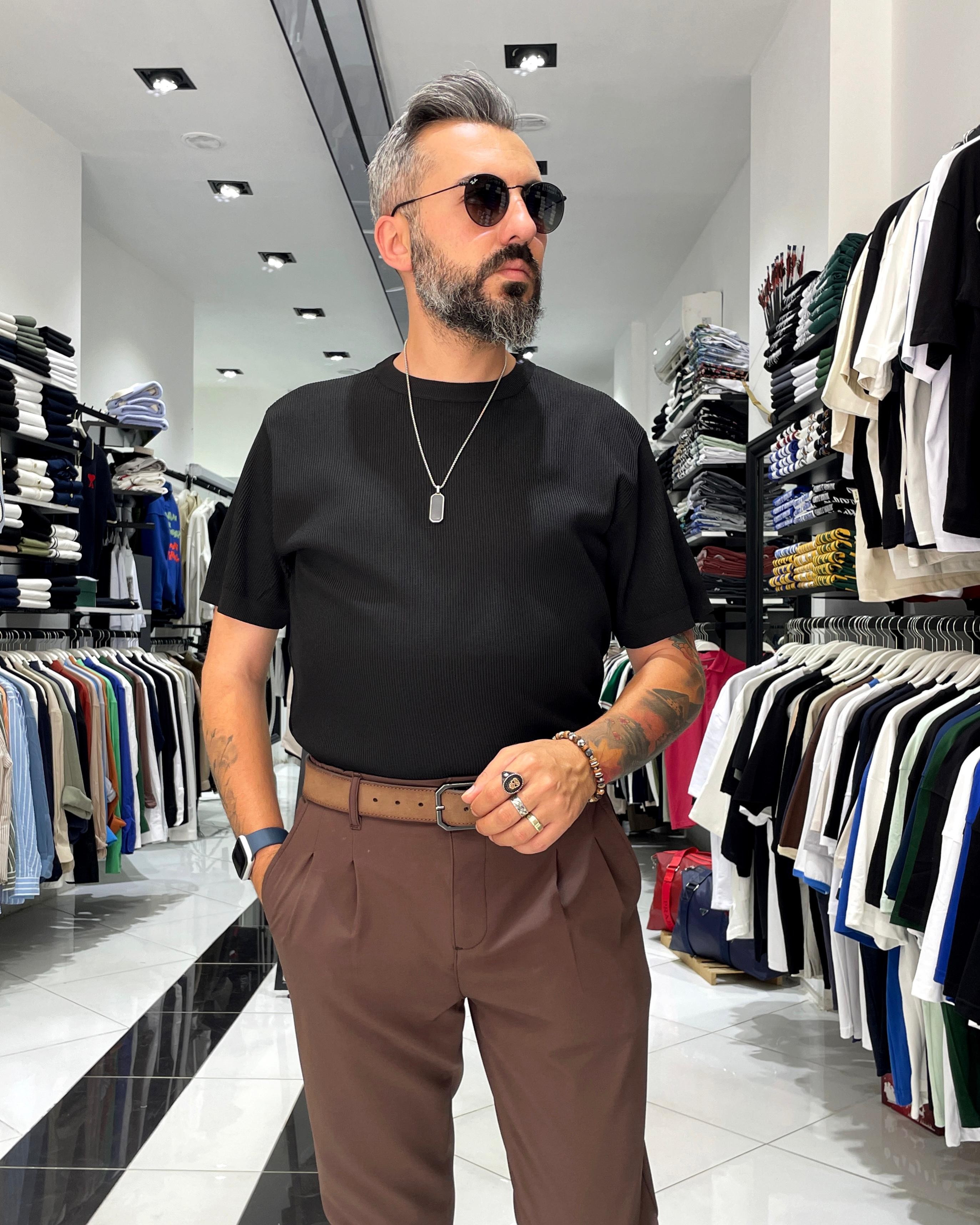 Old Money Erkek Triko T-Shirt - siyah