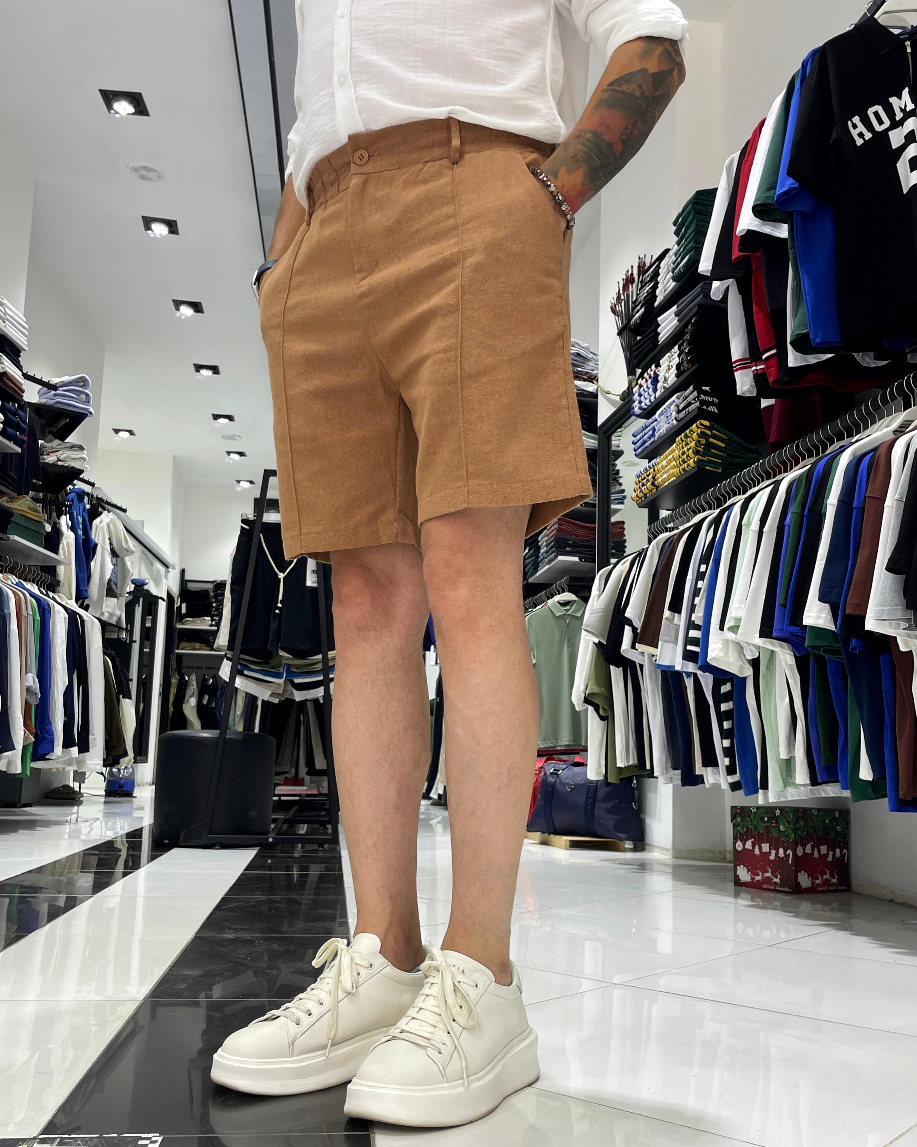 Relaxed Fit Çima Çizgi Detaylı Erkek Keten Pamuk Şort - Karamel