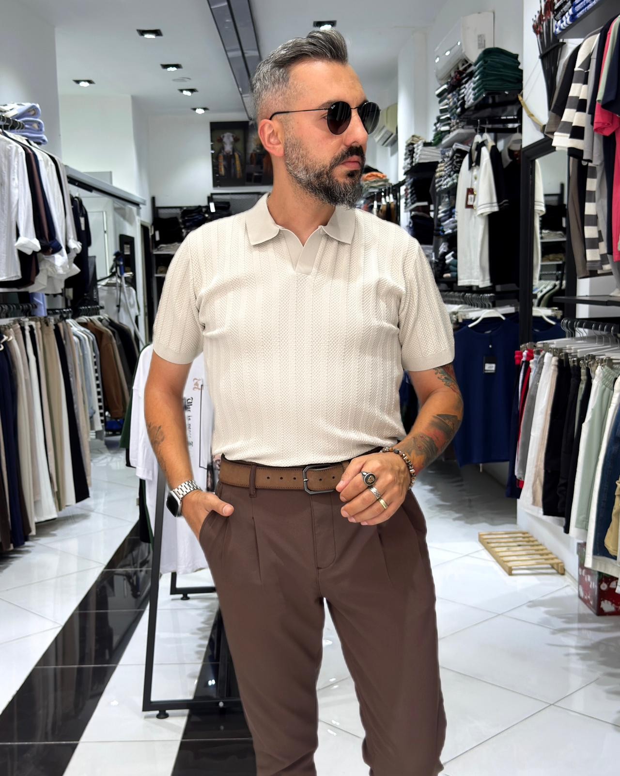 Yaka Detaylı Triko Polo Yaka Erkek T-Shirt - bej