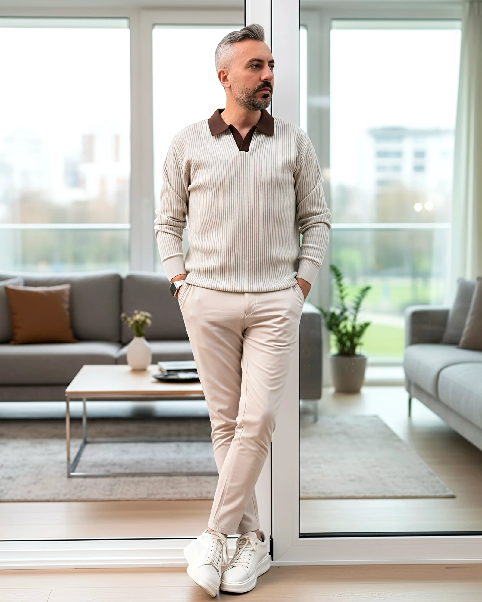 Old Money Triko Polo Yaka Erkek Kazak - krem