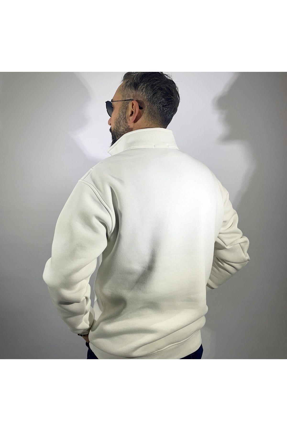 Yarım Fermuarlı Oversize Erkek Sweatshirt - ekru