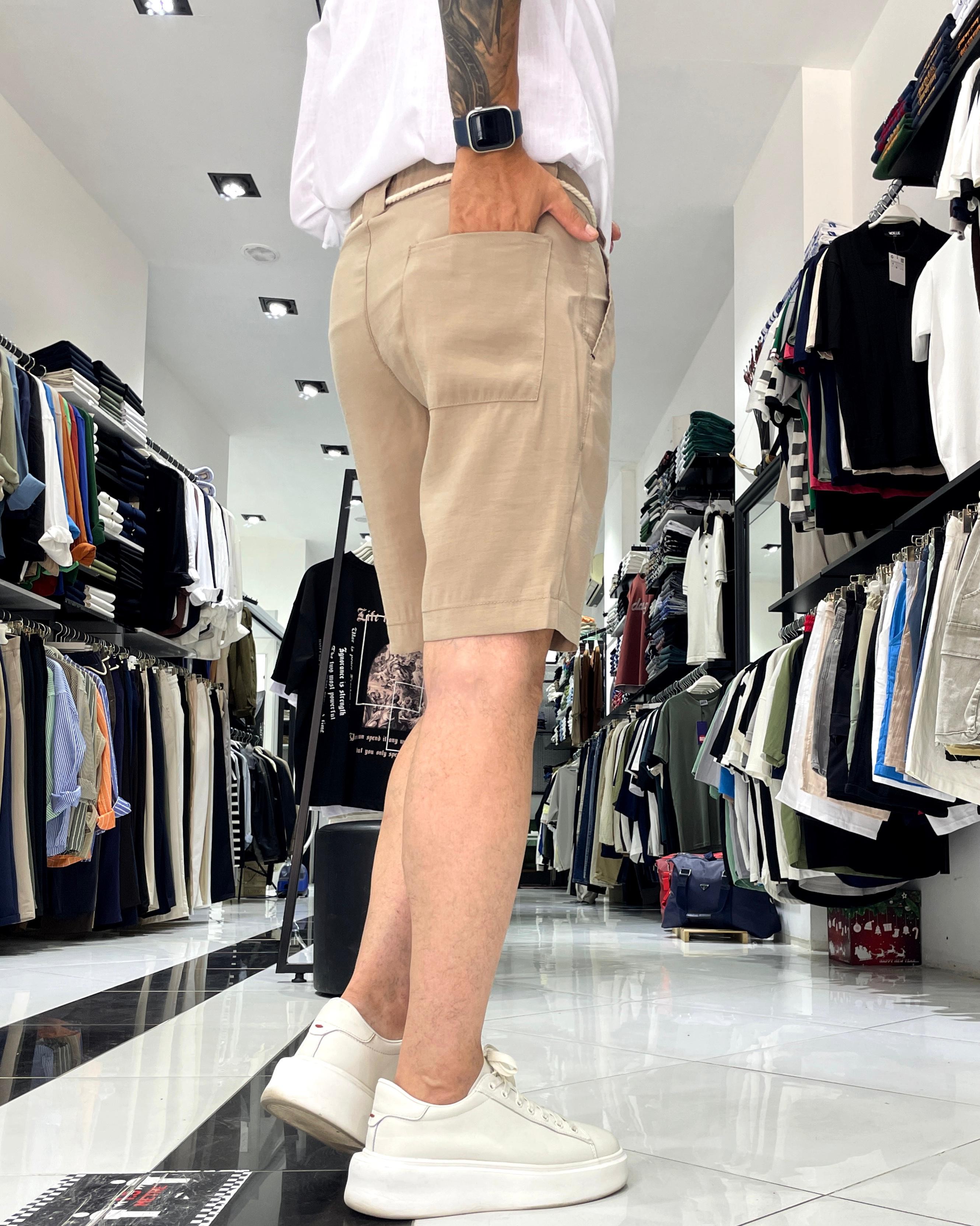 Modal Fabric Belt Detailed Men's Shorts - Beige
