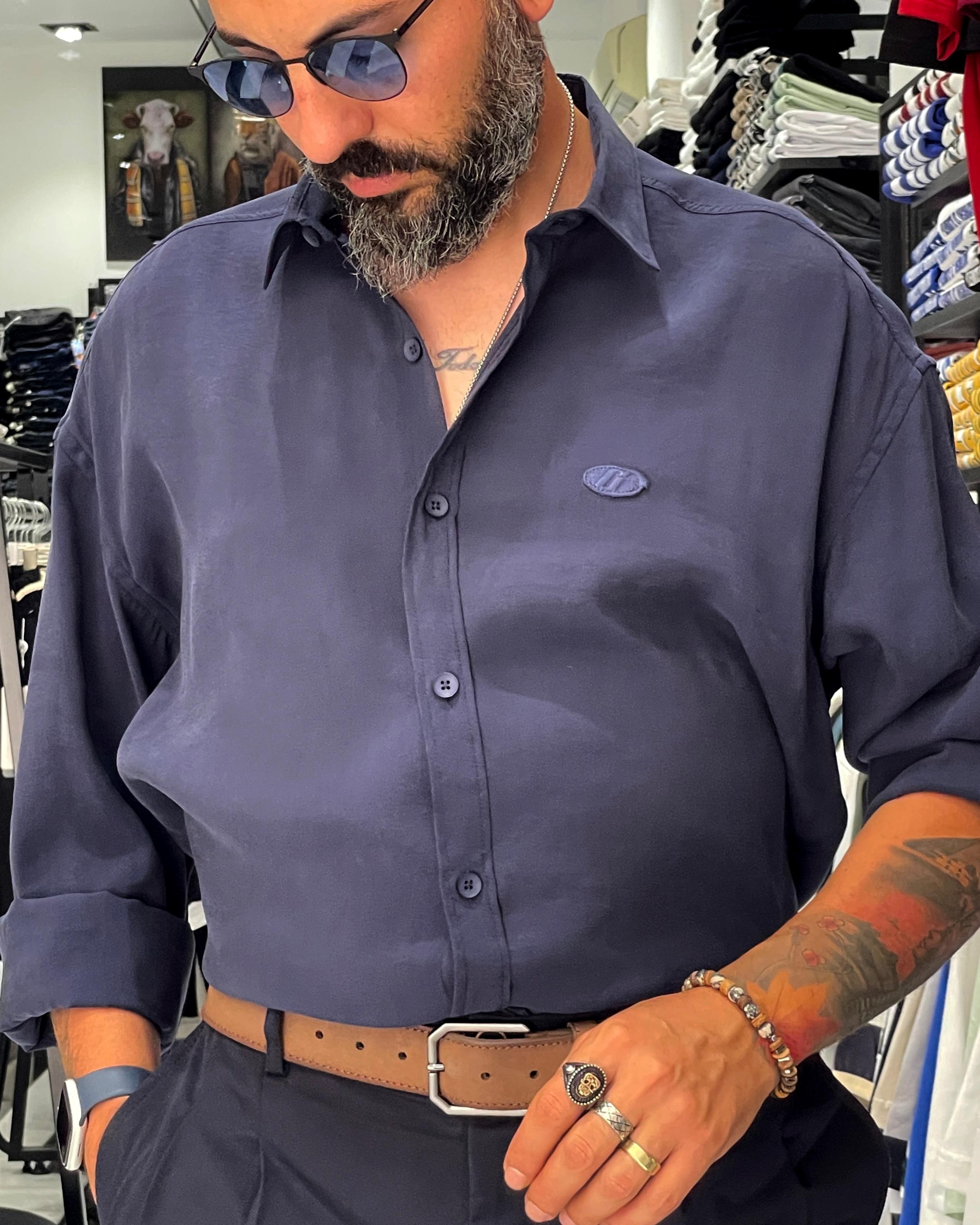 Modal Kumaş Ekstra Oversize Erkek Gömlek - lacivert