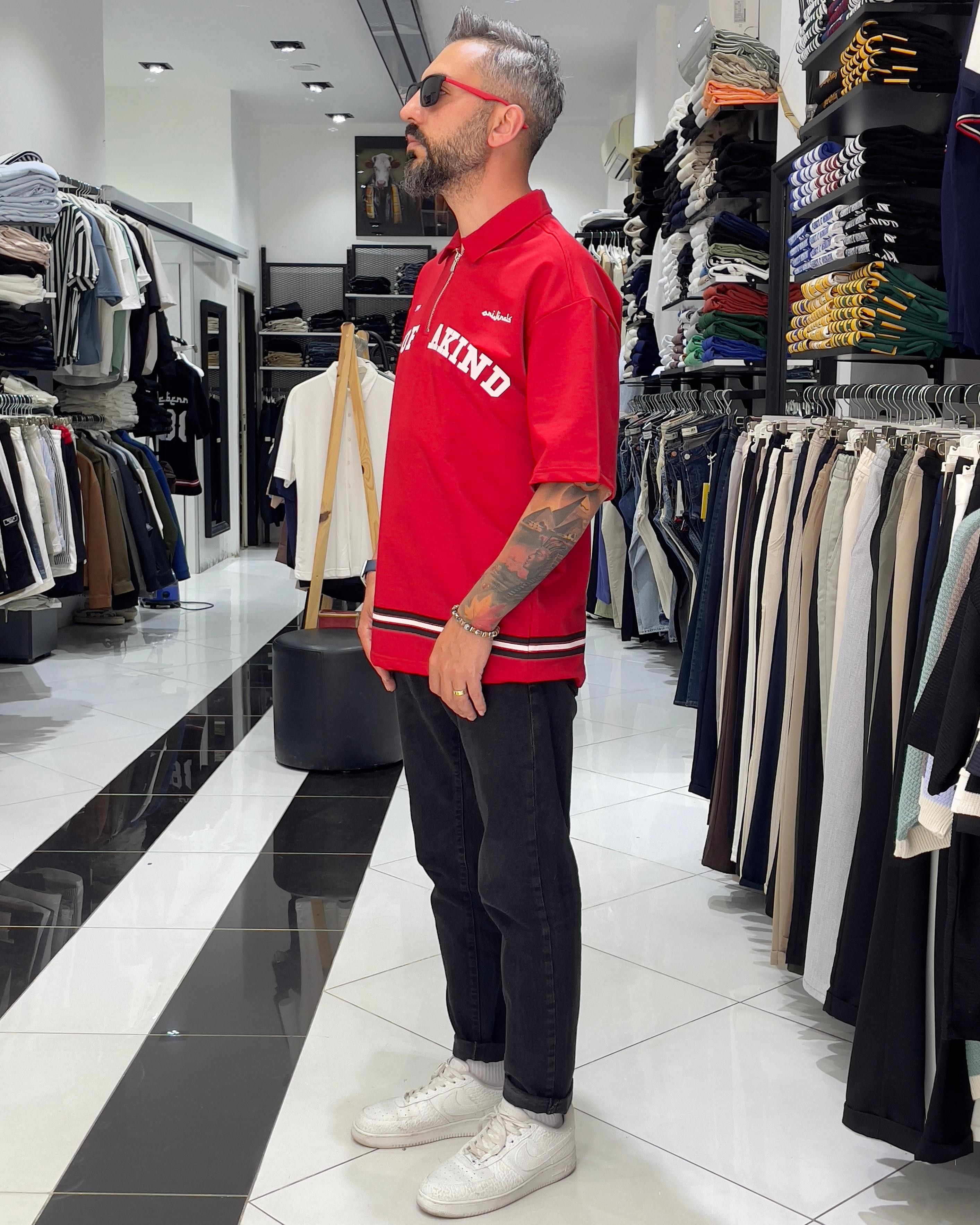 888 Baskılı Oversize Polo Yaka Erkek T-Shirt - kırmızı