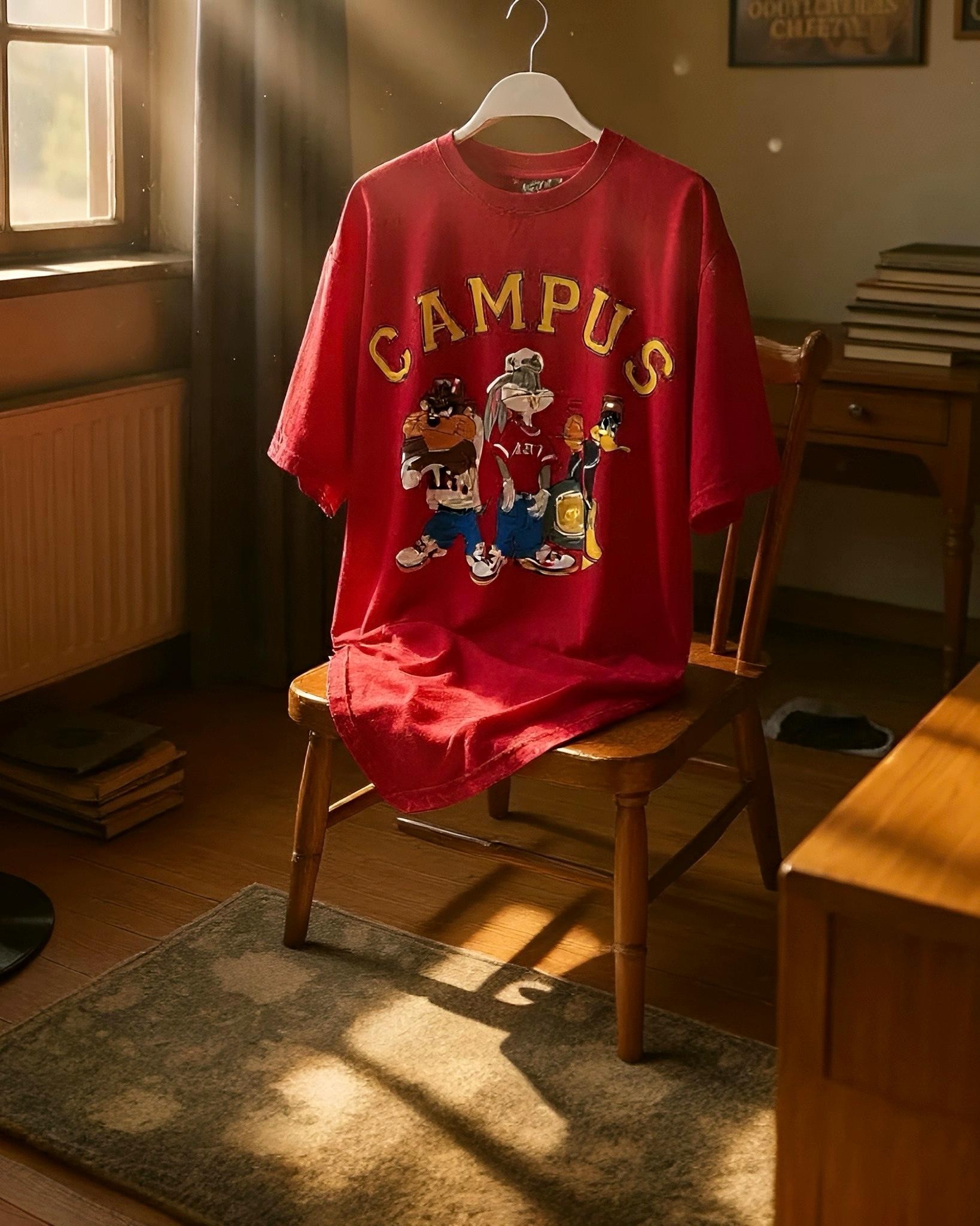 Kampüs Baskılı Oversize %100 Pamuk Erkek T-Shirt – Higo Man - kırmızı