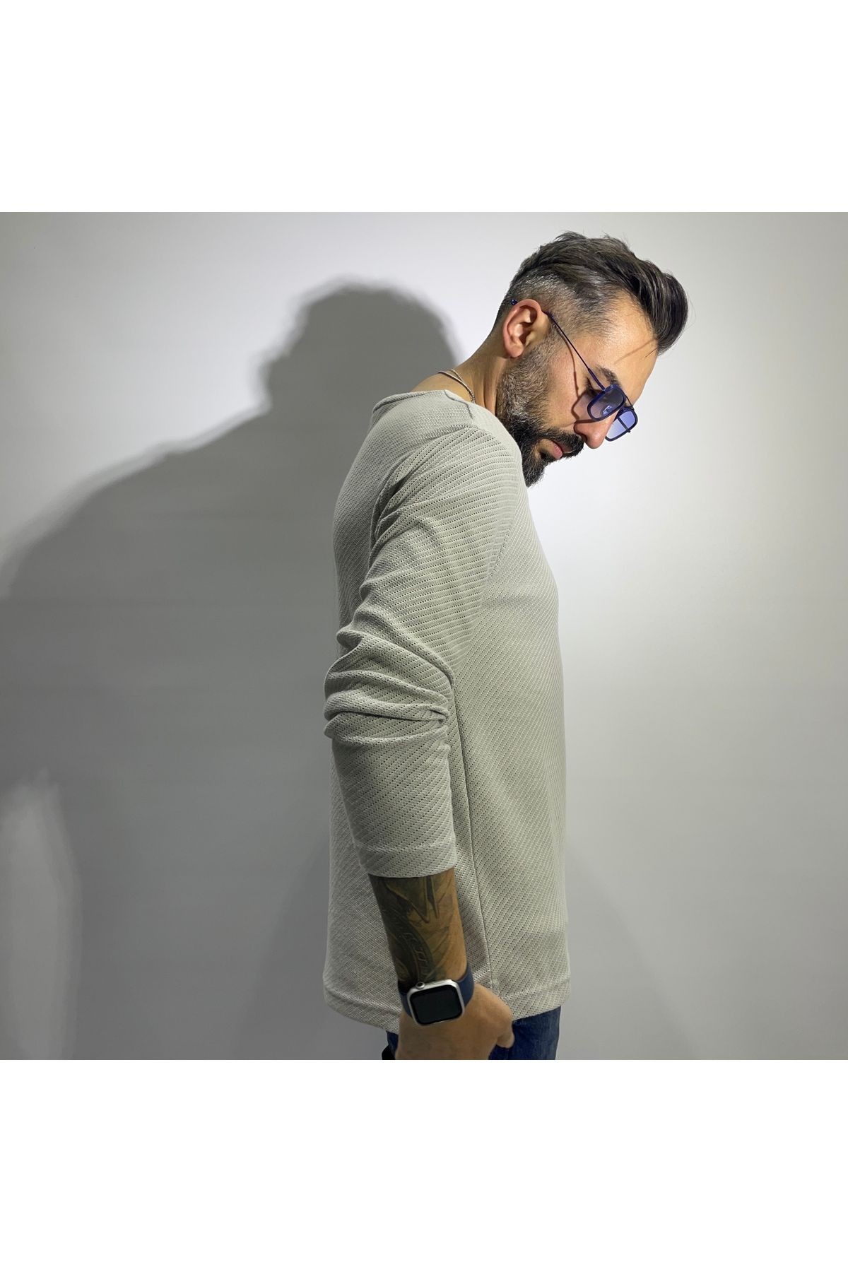 Mikro Desenli Pis Yaka Uzun Kollu Erkek Triko