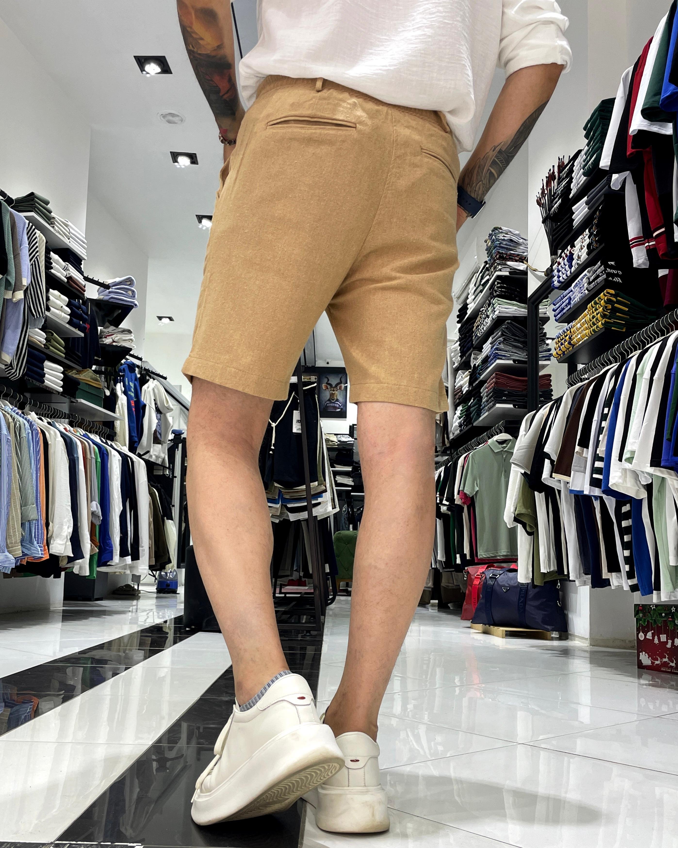 Relaxed Fit Çima Çizgi Detaylı Erkek Keten Pamuk Şort