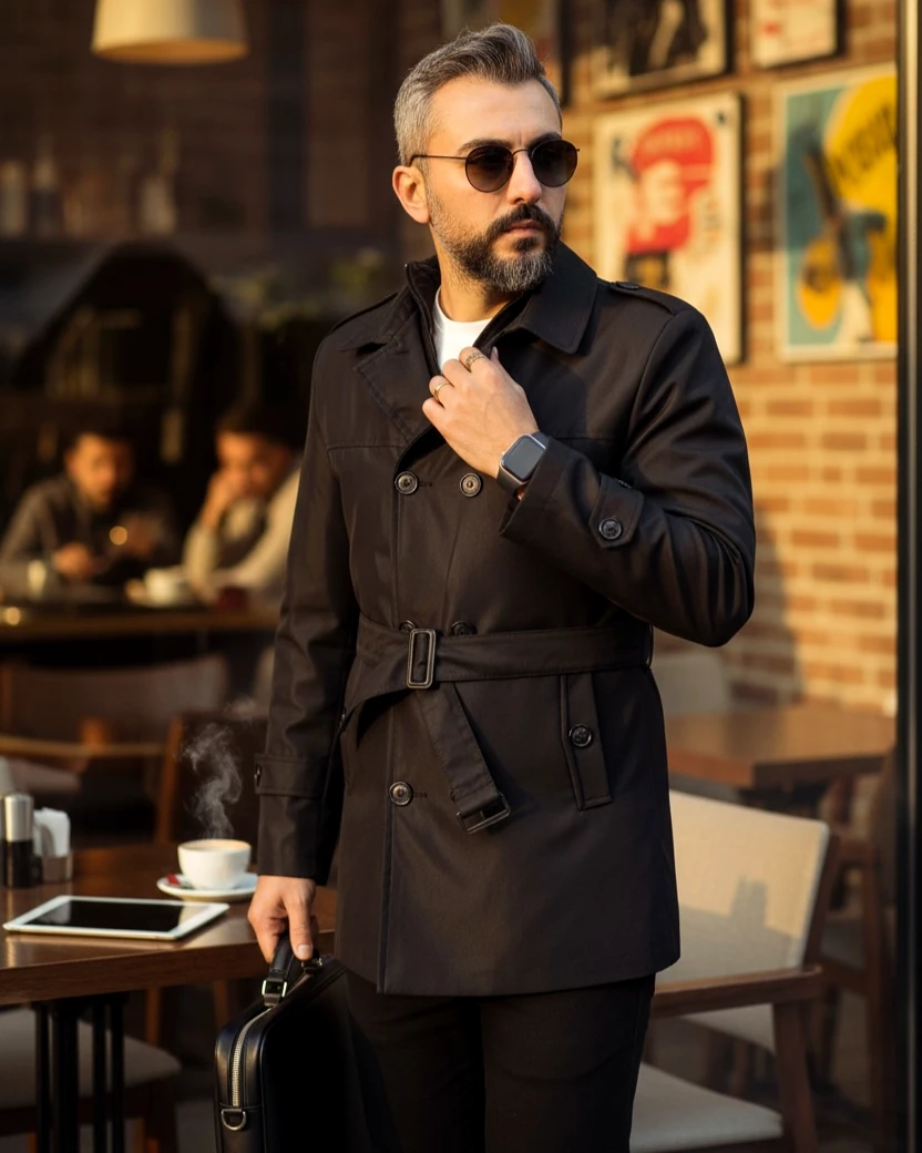 Kısa Mevsimlik Su Geçirmez Erkek Trençkot – Apolet Detaylı - siyah