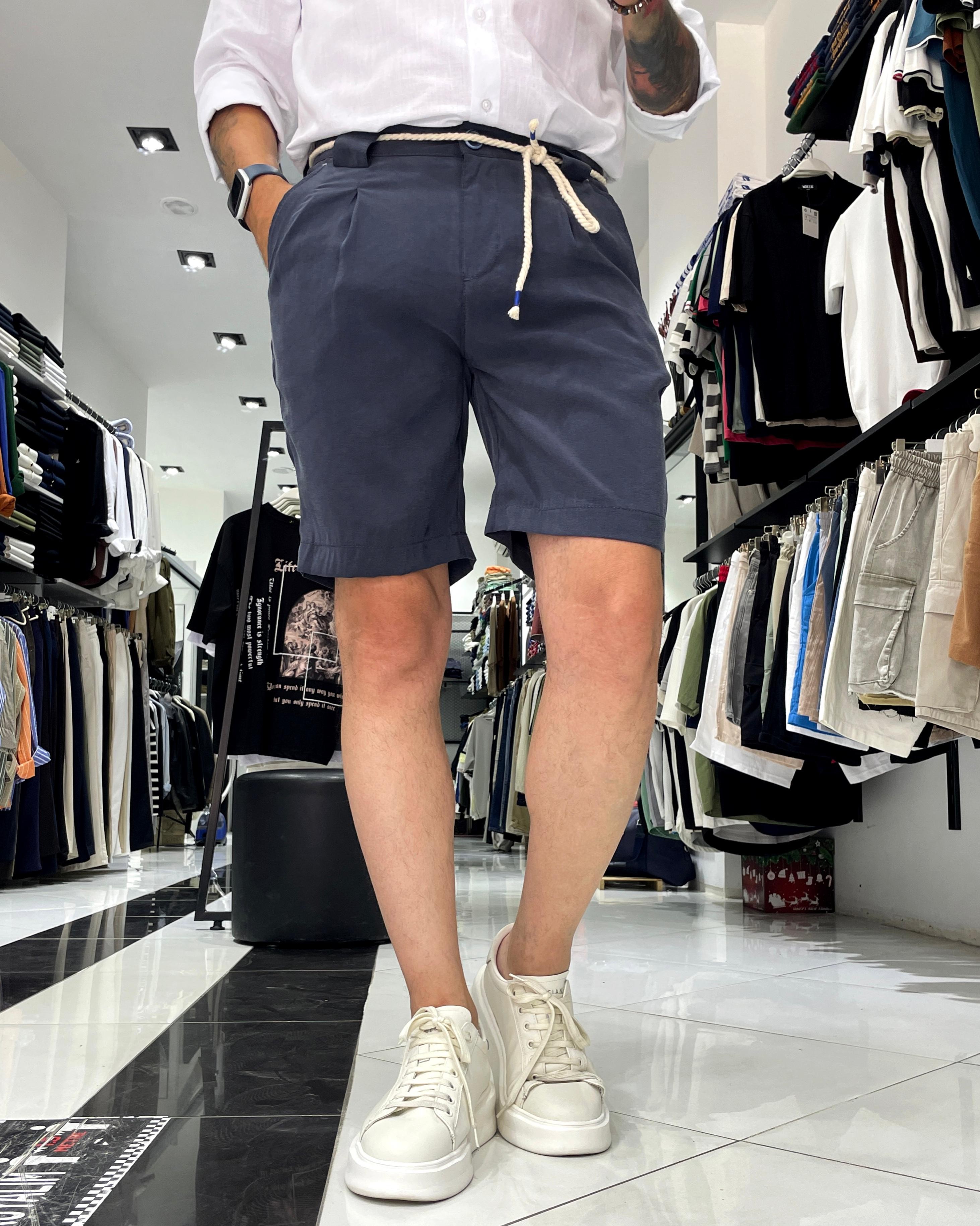 Modal Fabric Belt Detailed Men's Shorts - Navy blue