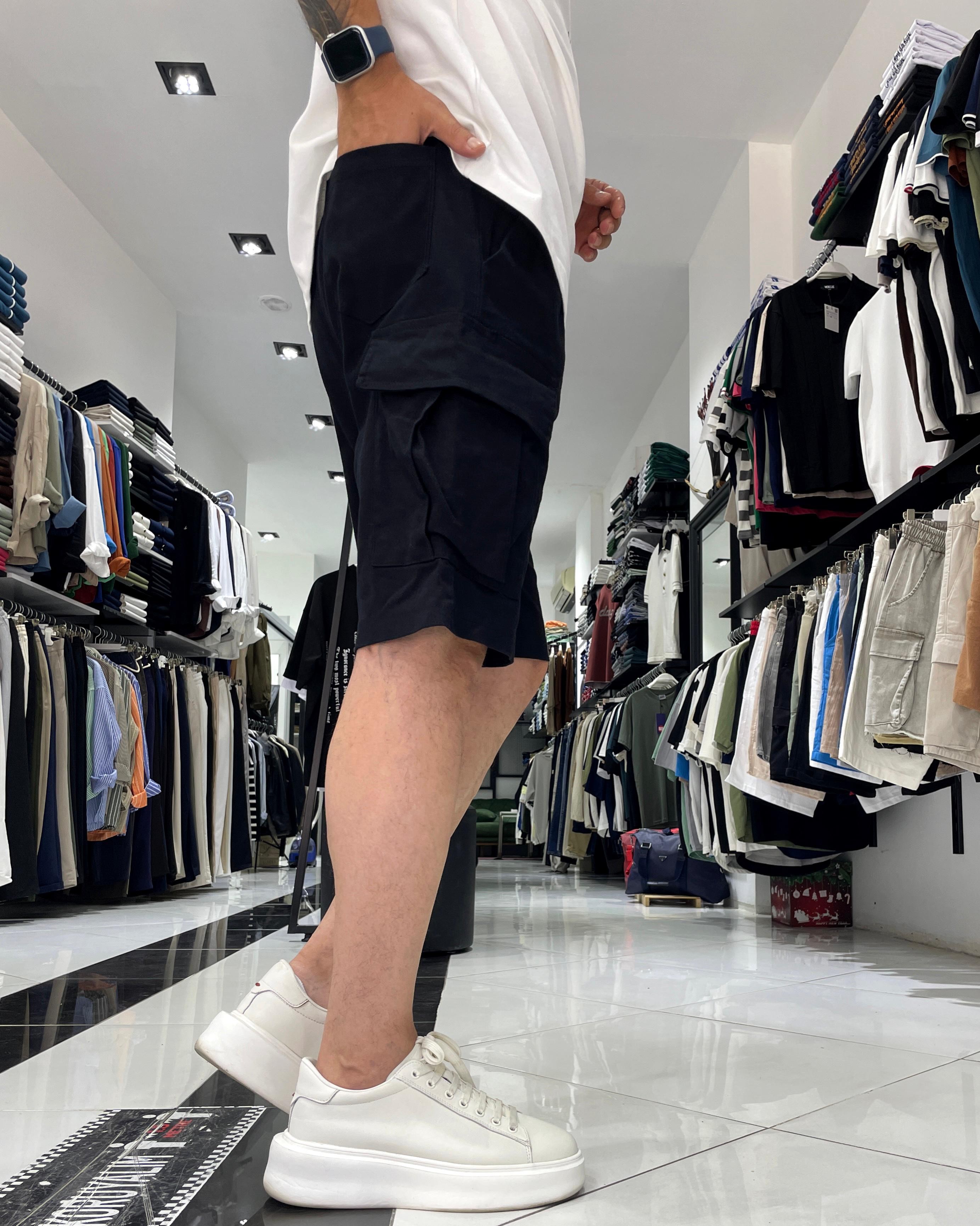 Elastic Waist Denim Shorts with Cargo Pockets - Black