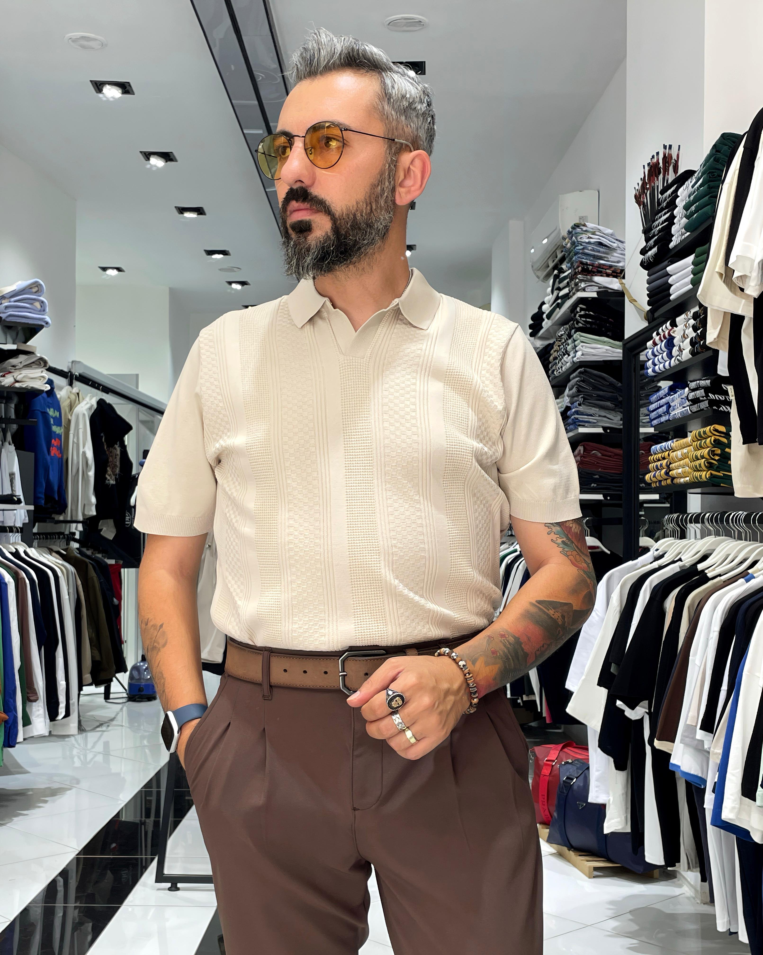 Kendinden Desenli Triko Erkek Polo Yaka T-Shirt - krem