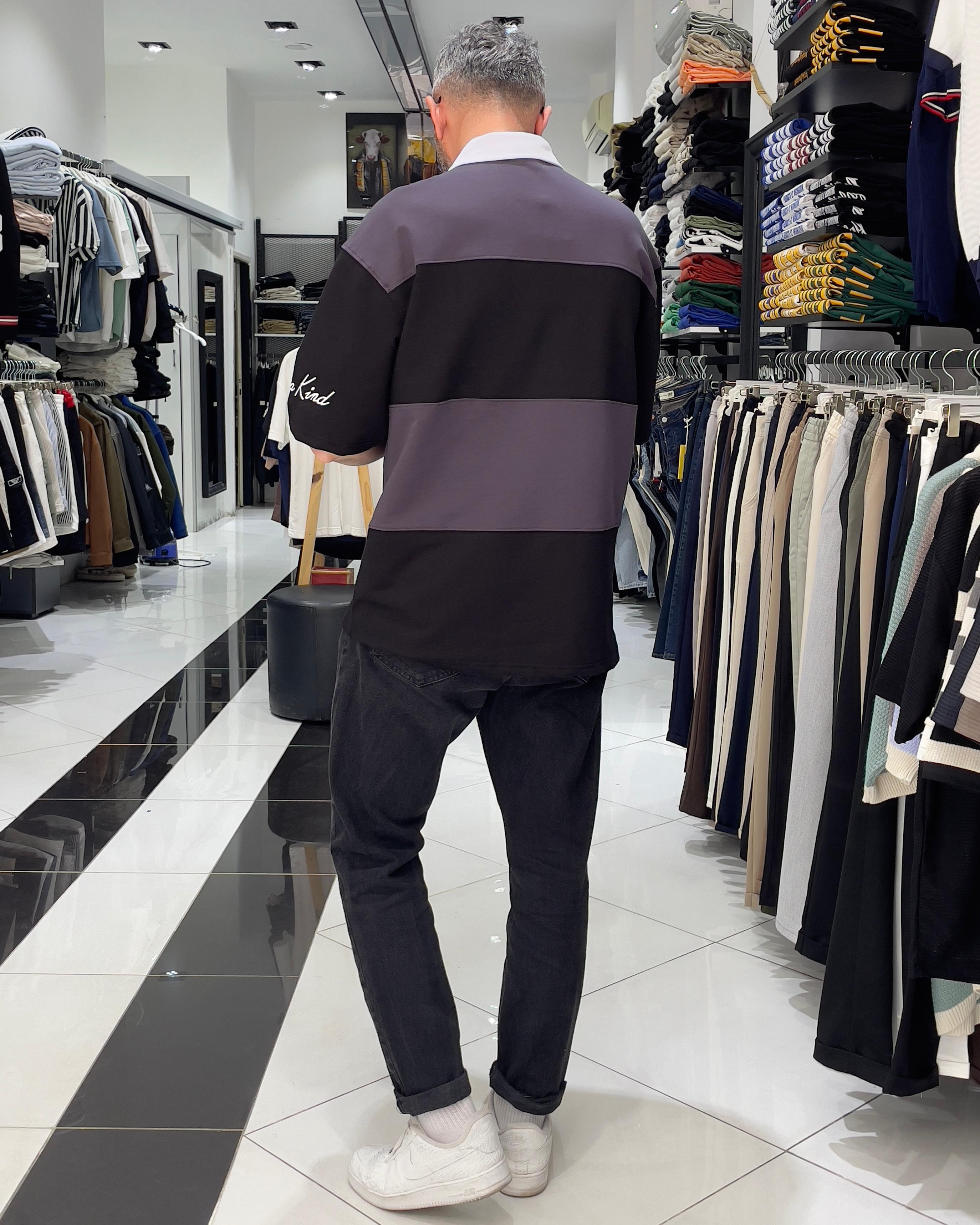 LB Nakışlı Yarım Fermuarlı Oversize Polo Yaka Erkek T-Shirt