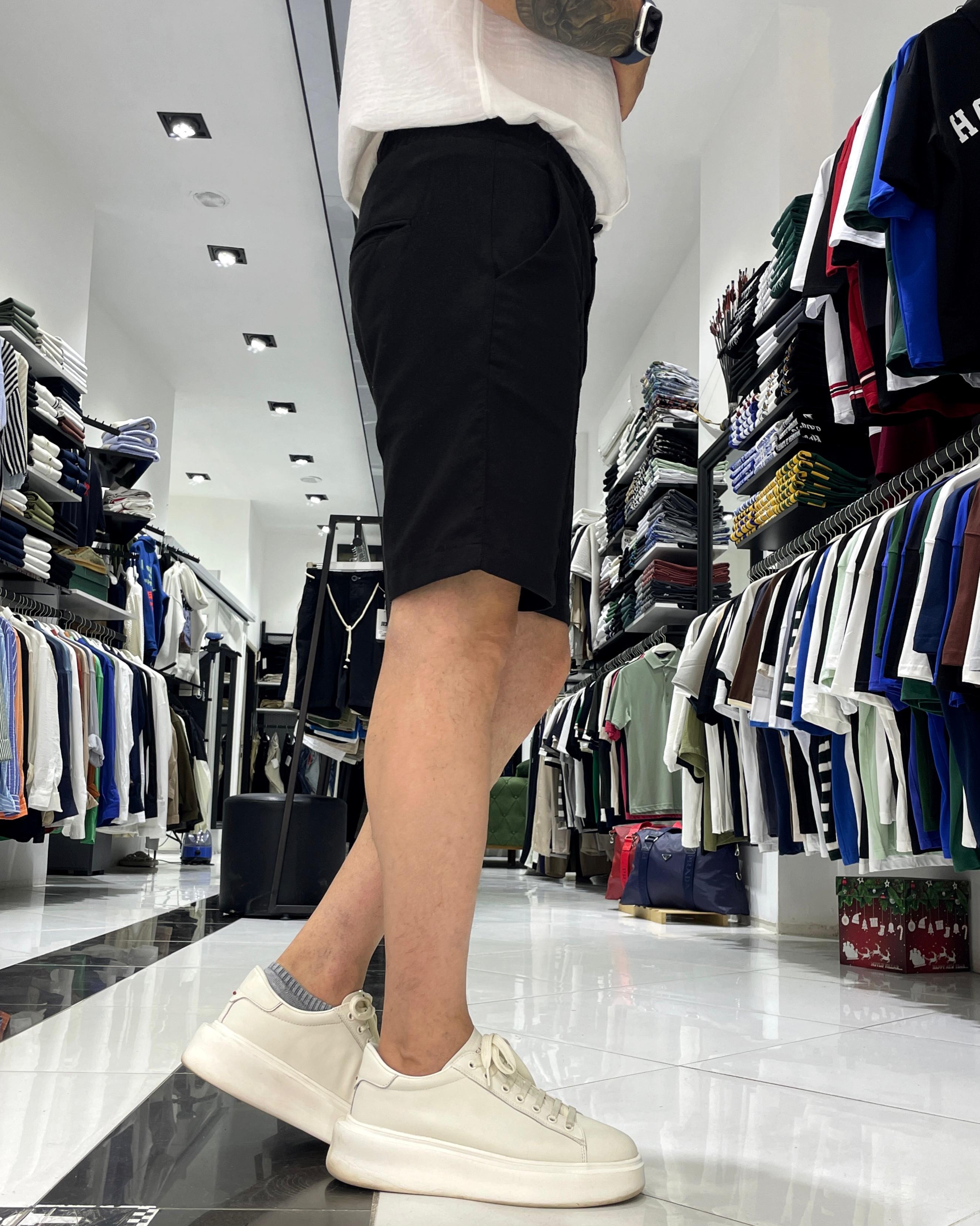 Relaxed Fit Çima Çizgi Detaylı Erkek Keten Pamuk Şort - siyah