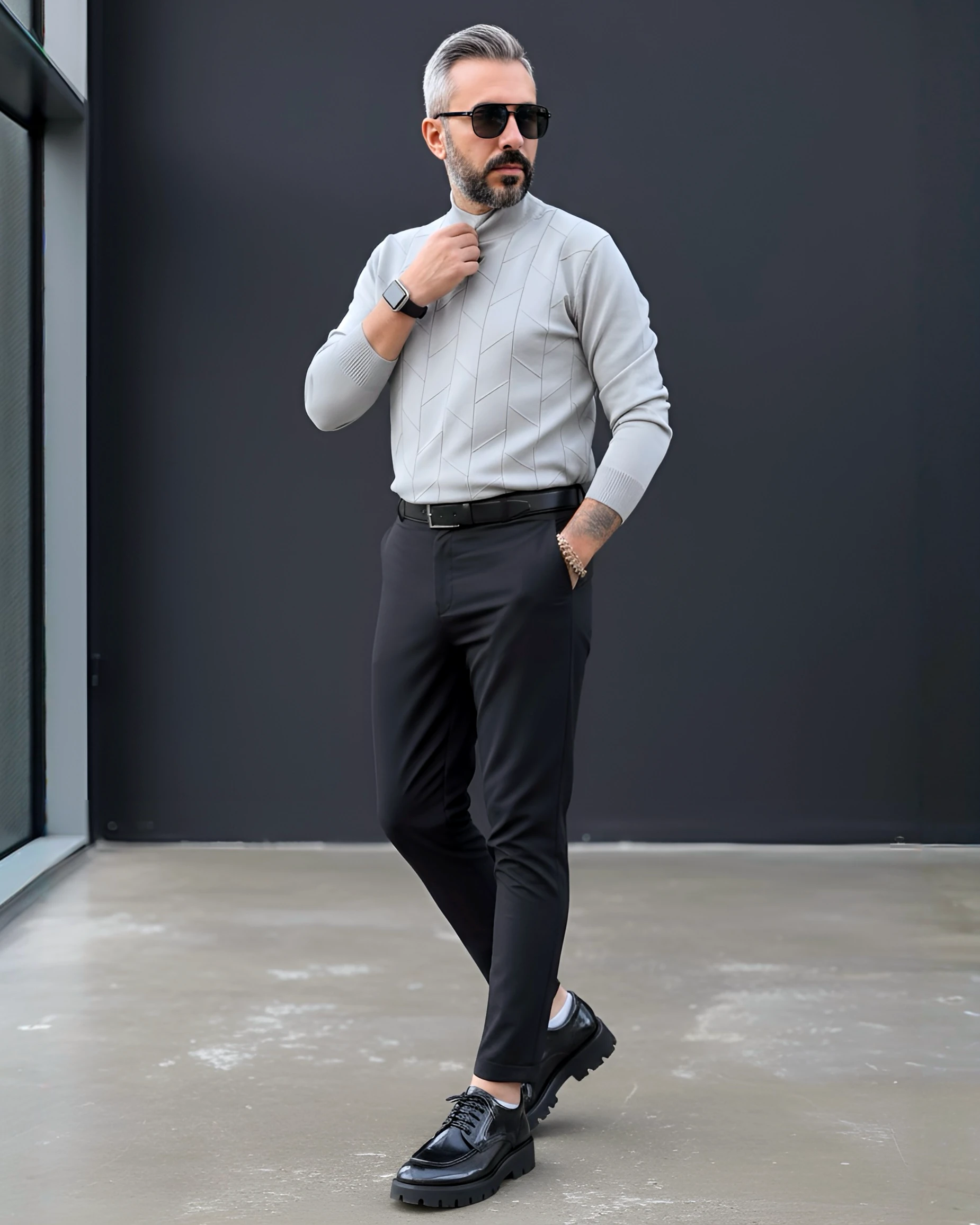 Yarım Balıkçı Desenli Triko Erkek Kazak - gri