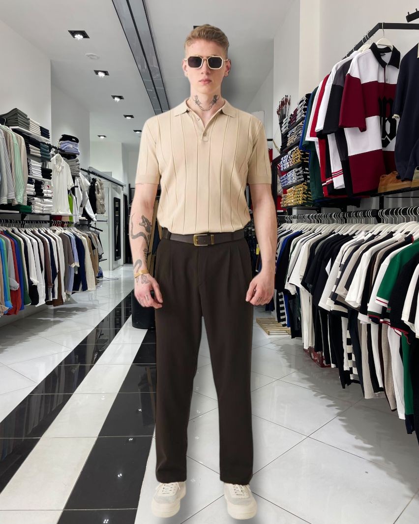 Dikey Desenli Triko Polo Yaka Erkek T-Shirt - bej