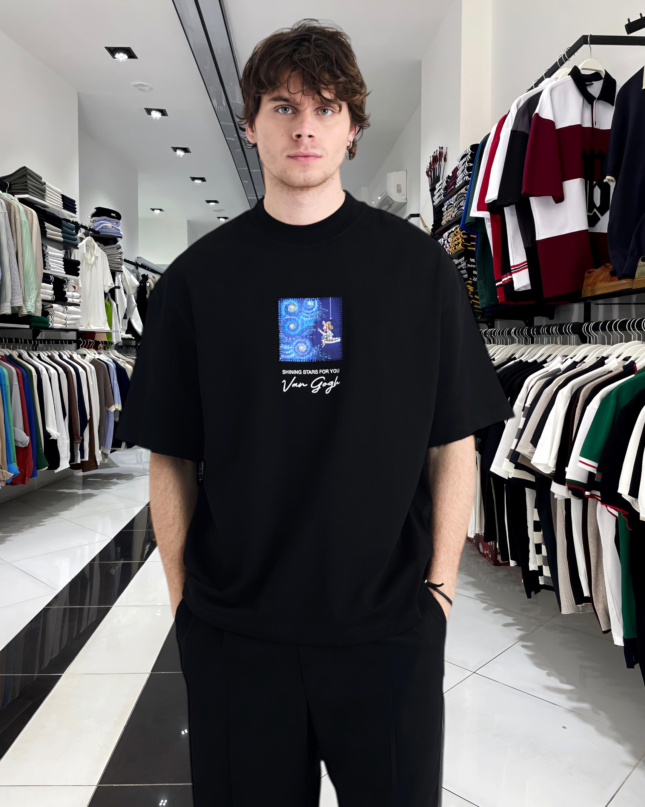 Starry Vision Sırt Kumaş Baskı Van Gogh Oversize Erkek T-Shirt