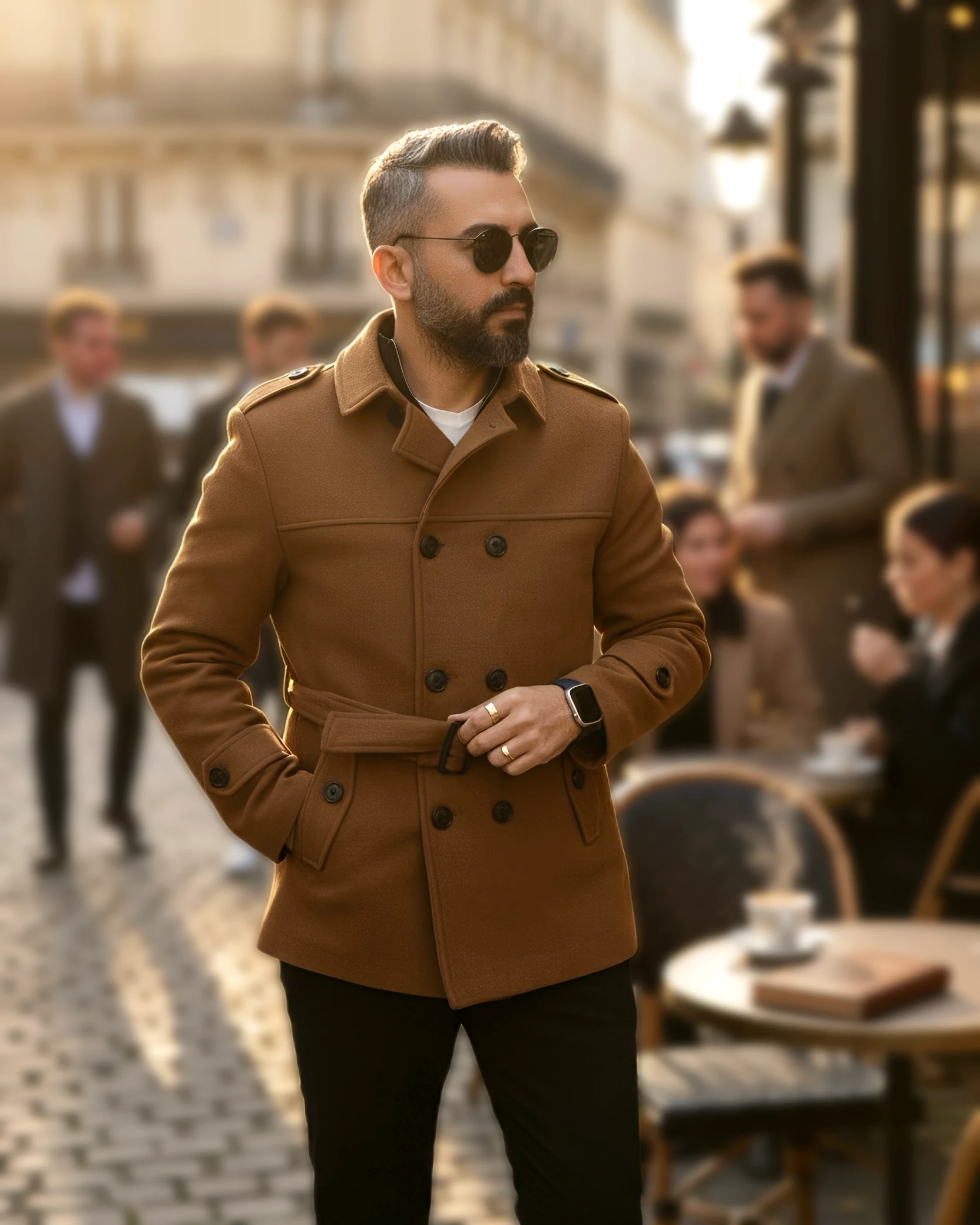 Men's Cashmere Coat with Belt and Epaulette Detail - Camel