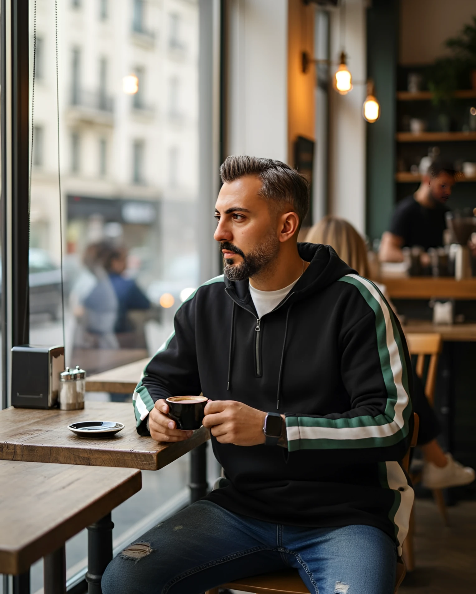 Şerit ve Düğme Detaylı Oversize Erkek Kapüşonlu Sweatshirt - siyah