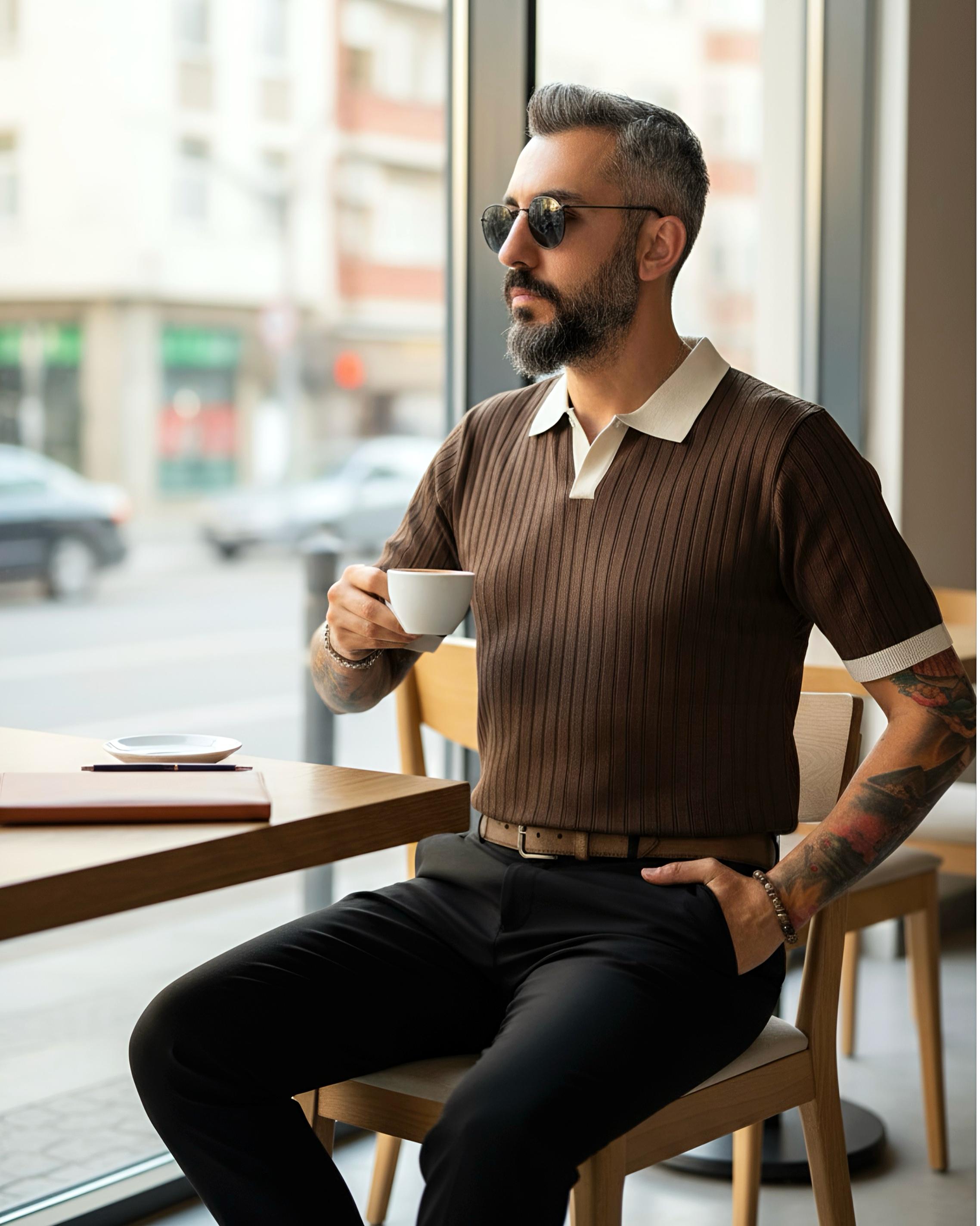 Yaka Detaylı Erkek Triko Polo Yaka T-Shirt - kahve
