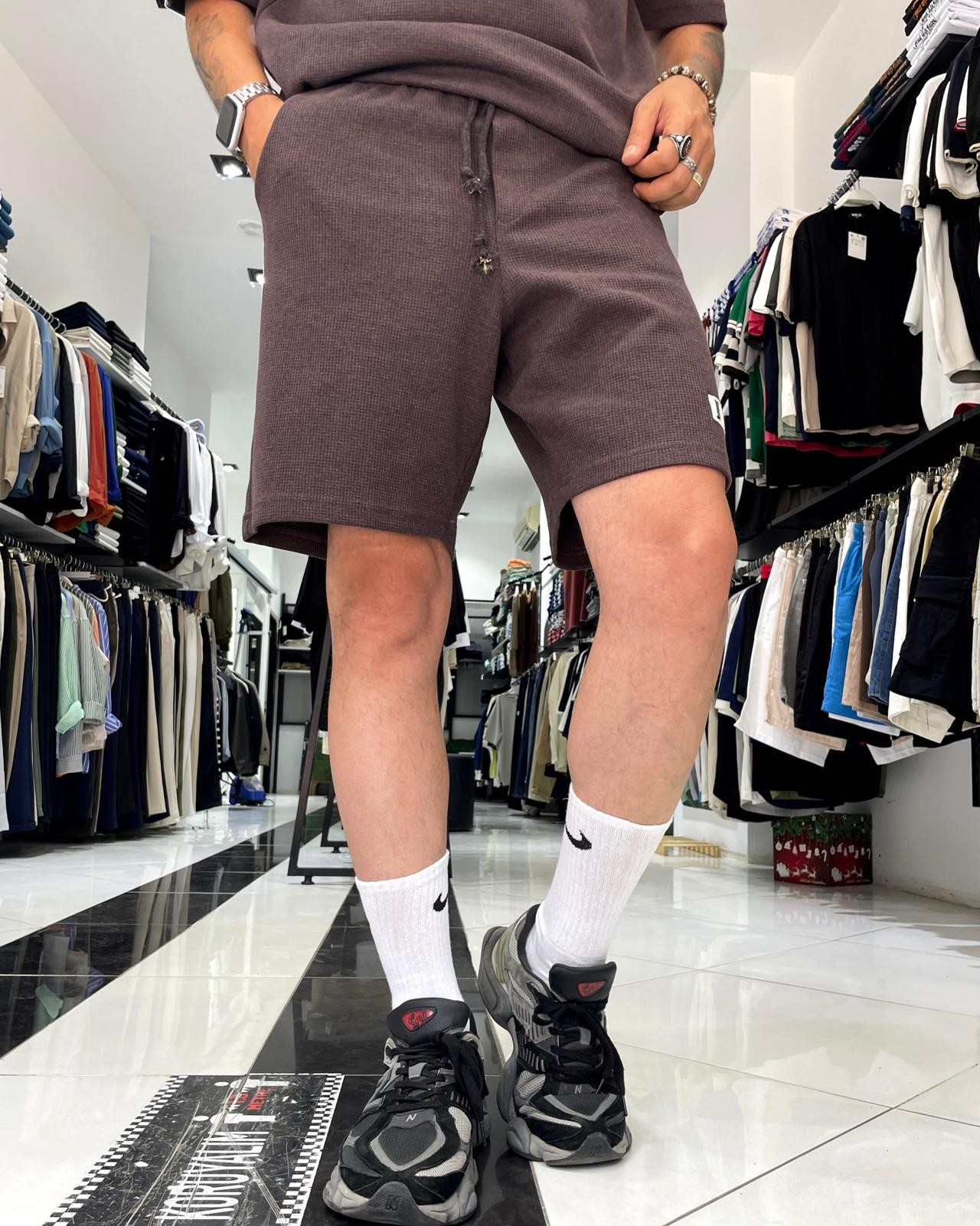 Waffle Kumaş Oversize Erkek T-Shirt & Şort İkili Takım - kahve
