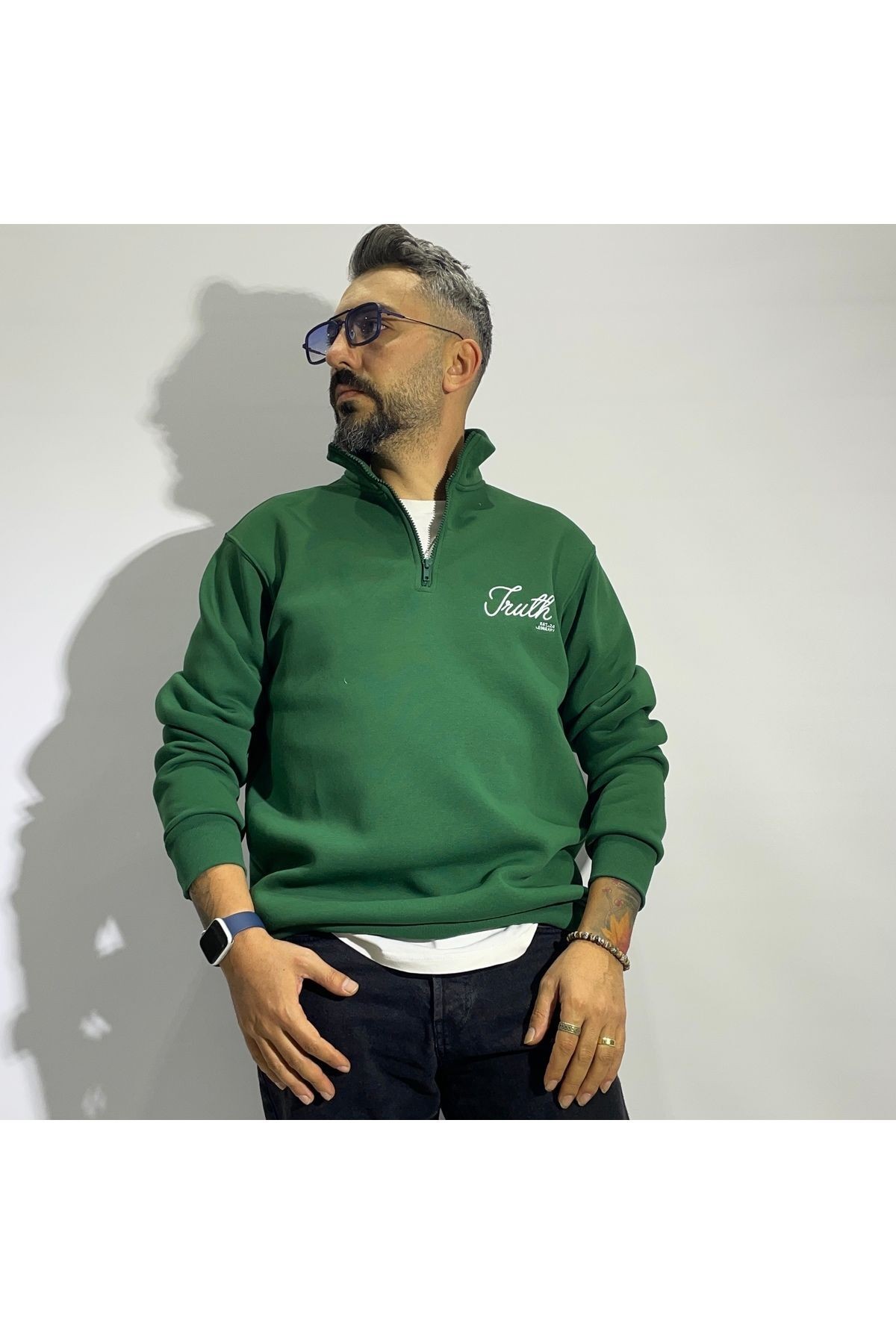 Nakış Detaylı Yarım Fermuar Oversize Erkek Sweatshirt - yeşil