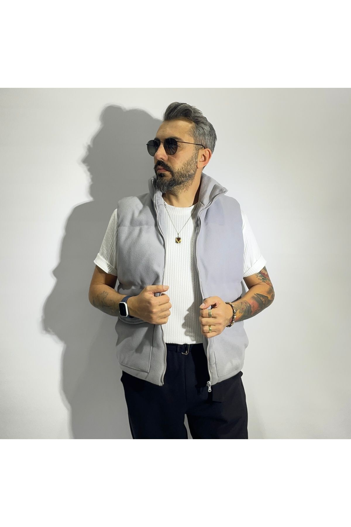 Fiber Filled Cashmere Zippered Men's Vest - Grey