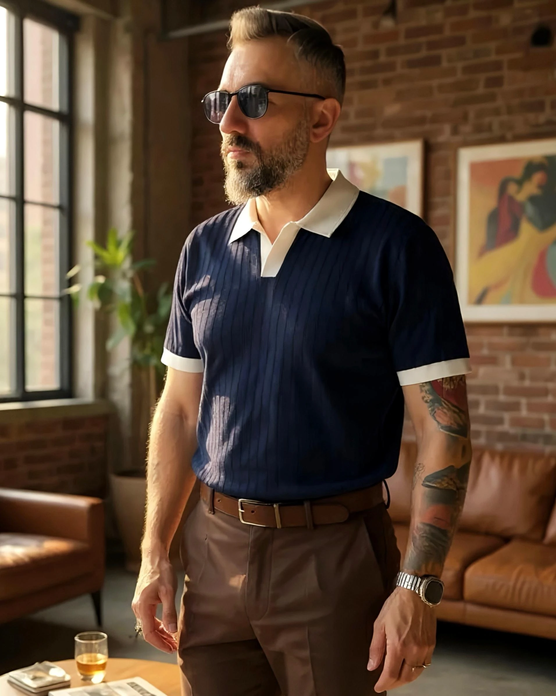 Yaka Detaylı Erkek Triko Polo Yaka T-Shirt - lacivert