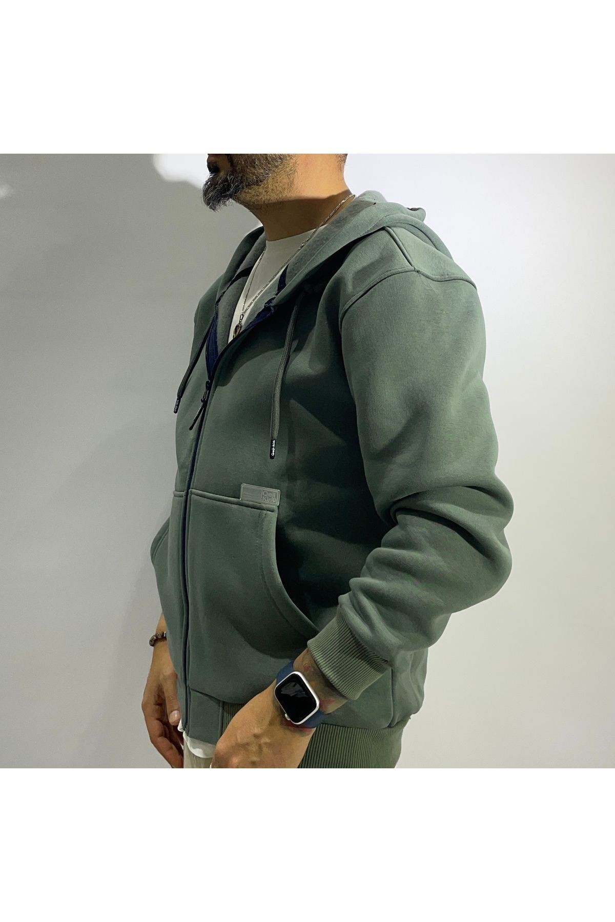 Fermuarlı Kapüşonlu Basic Erkek Sweatshirt - yeşil