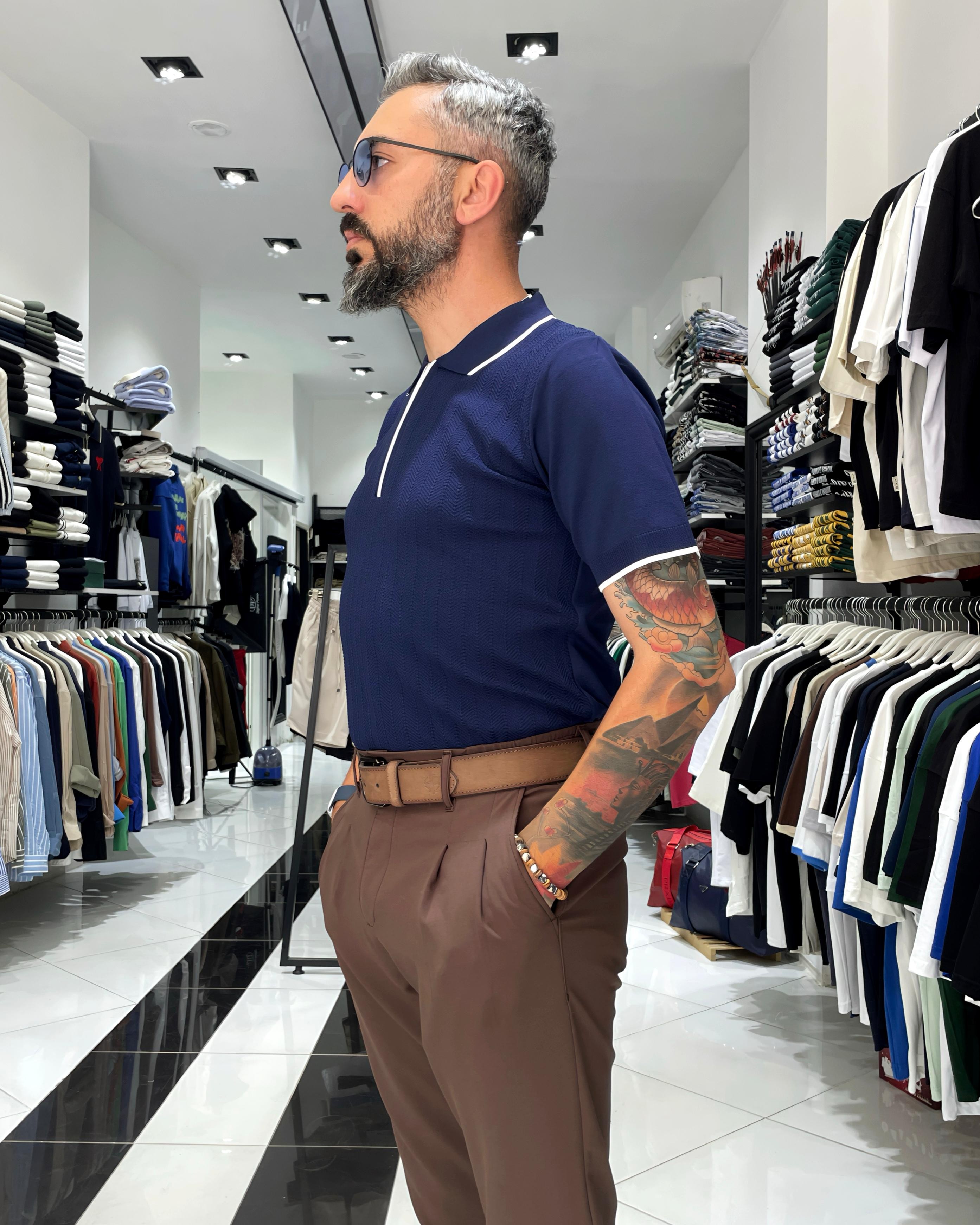 Fermuarlı Triko Polo Yaka Erkek Tişört - lacivert