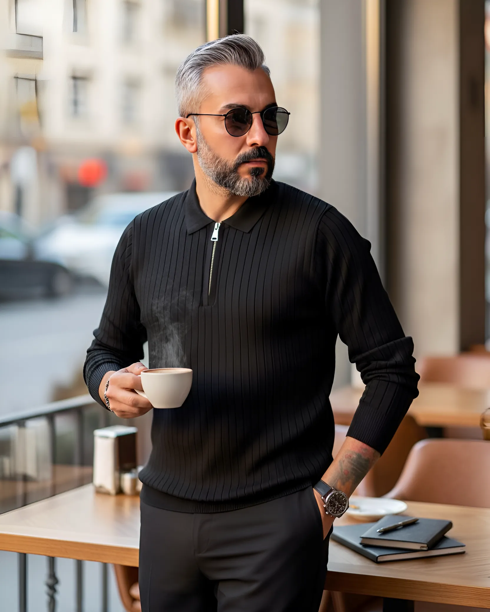 Espresso Line Old Money Erkek Triko Yarım Fermuarlı Polo Kazak - siyah