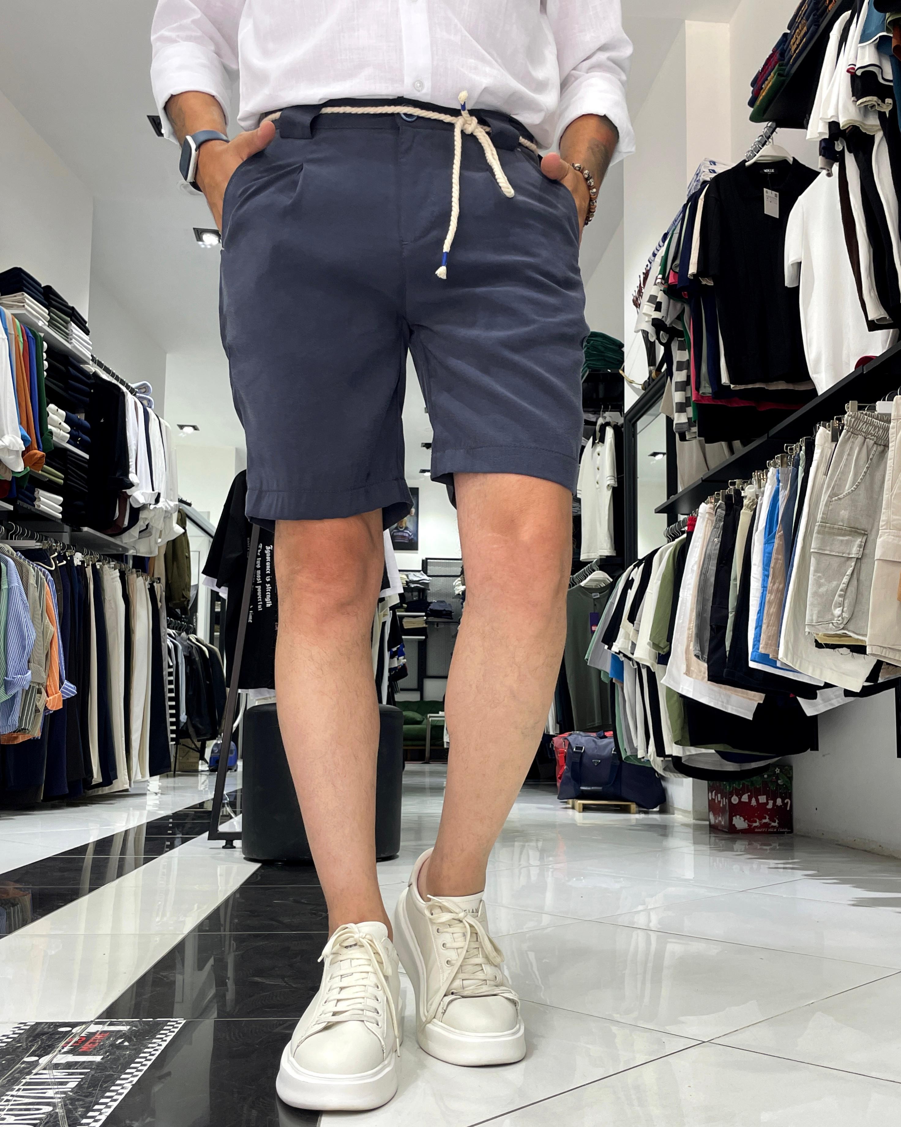 Modal Fabric Belt Detailed Men's Shorts - Navy blue