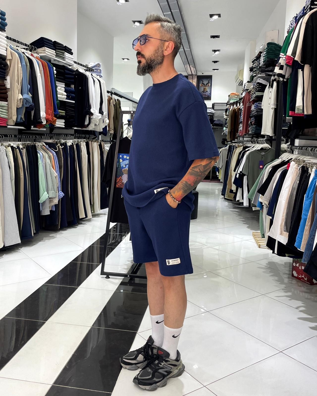 Waffle Kumaş Oversize Erkek T-Shirt & Şort İkili Takım - lacivert