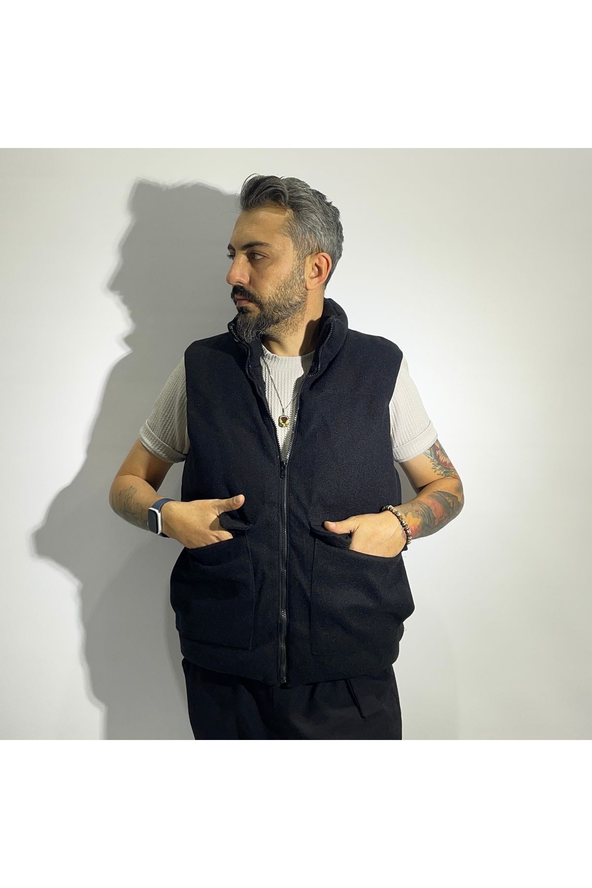 Fiber Filled Cashmere Zippered Men's Vest - Black