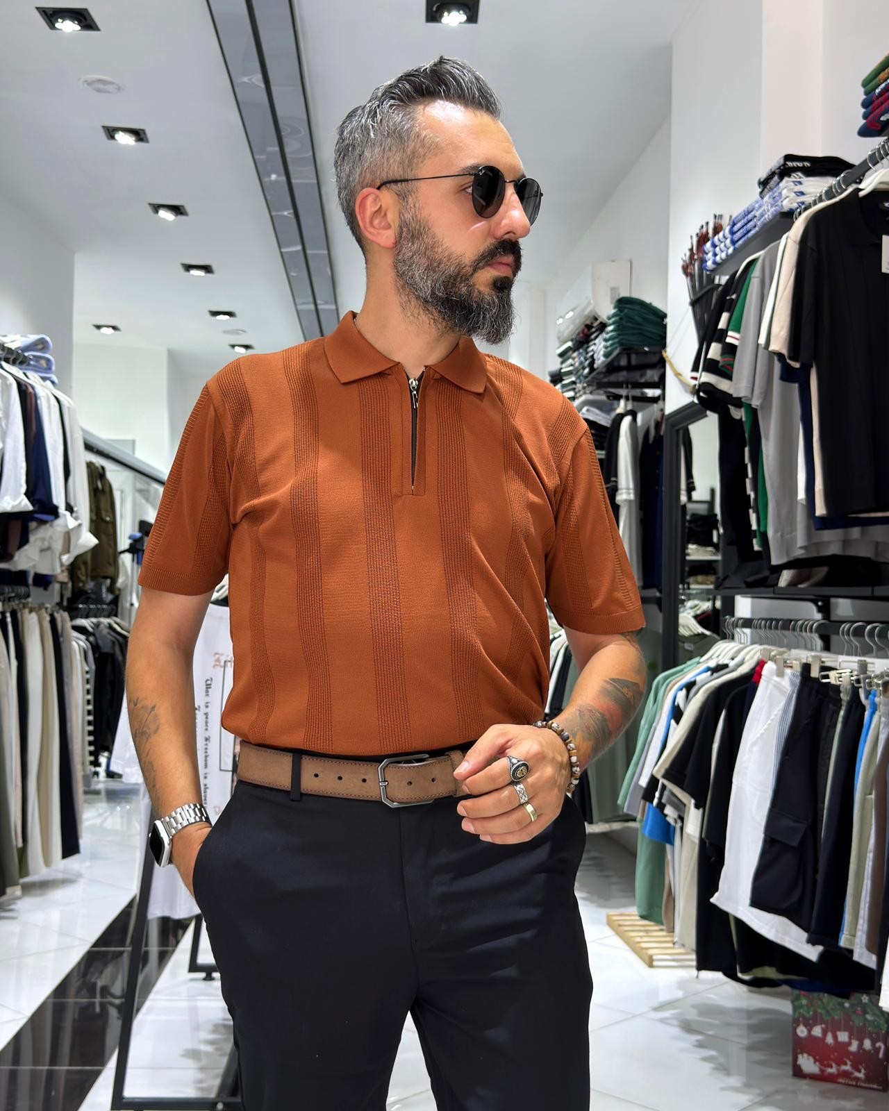  Desenli Polo Yaka Yarım Fermuarlı Erkek T-Shirt - kiremit