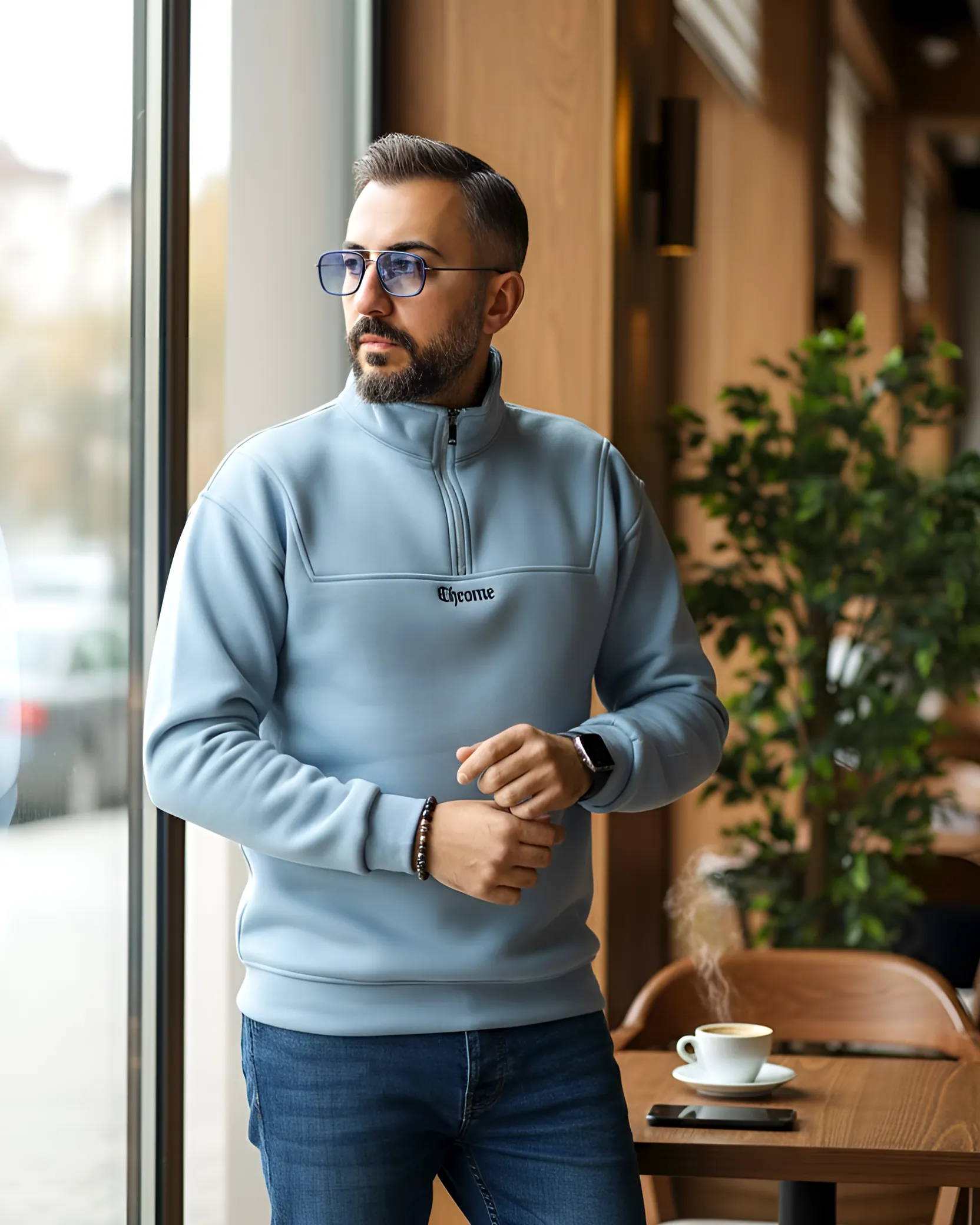 Yarım Fermuarlı Oversize Erkek Sweatshirt - mavi