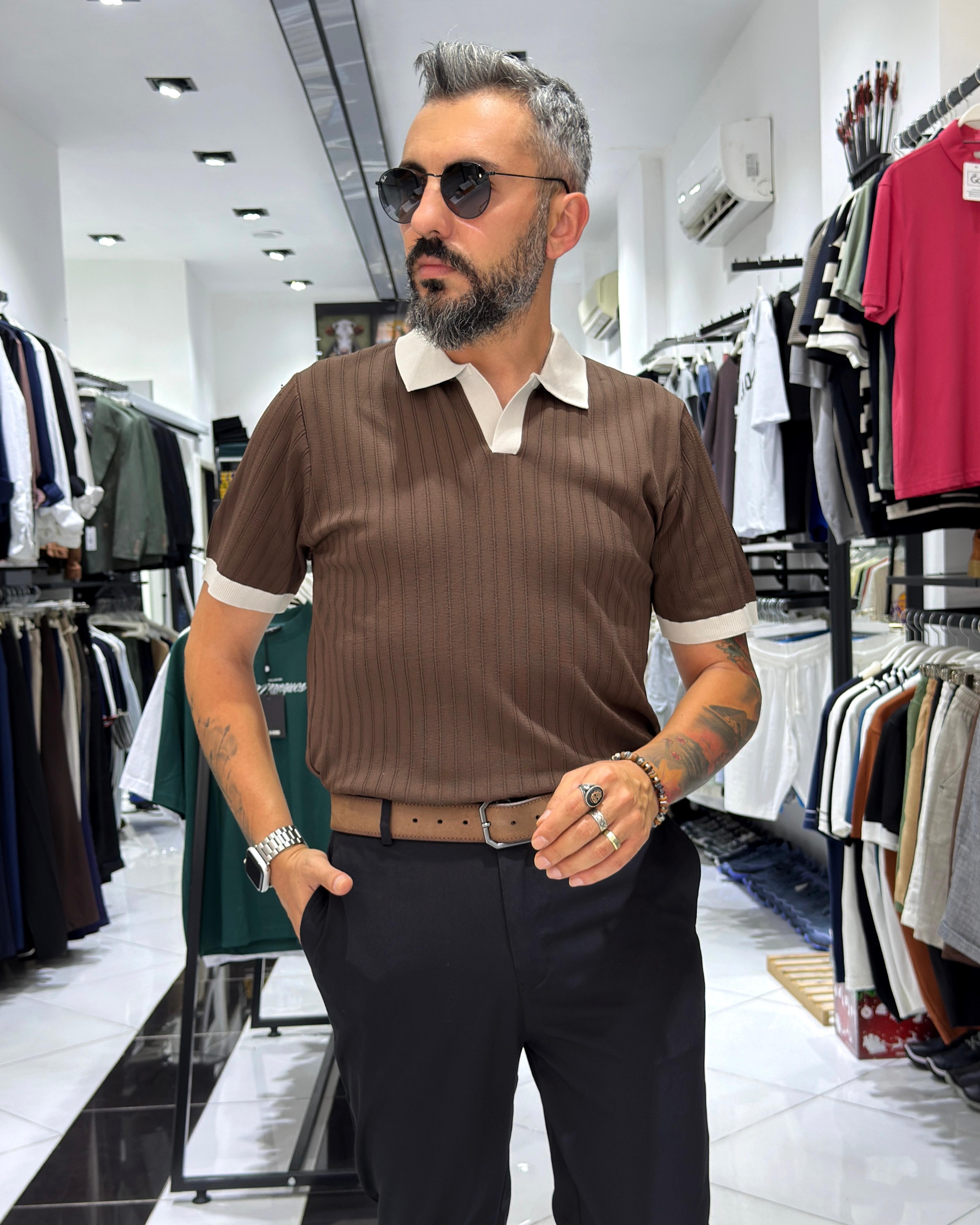 Yaka Detaylı Erkek Triko Polo Yaka T-Shirt - kahve
