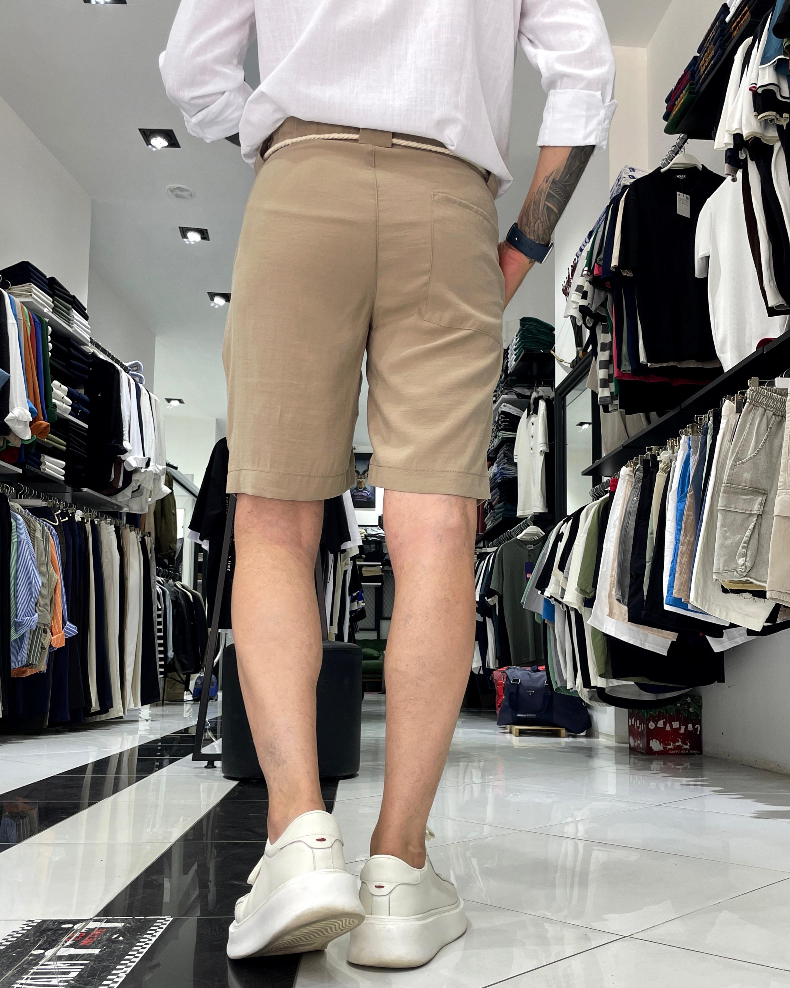 Modal Fabric Belt Detailed Men's Shorts - Beige