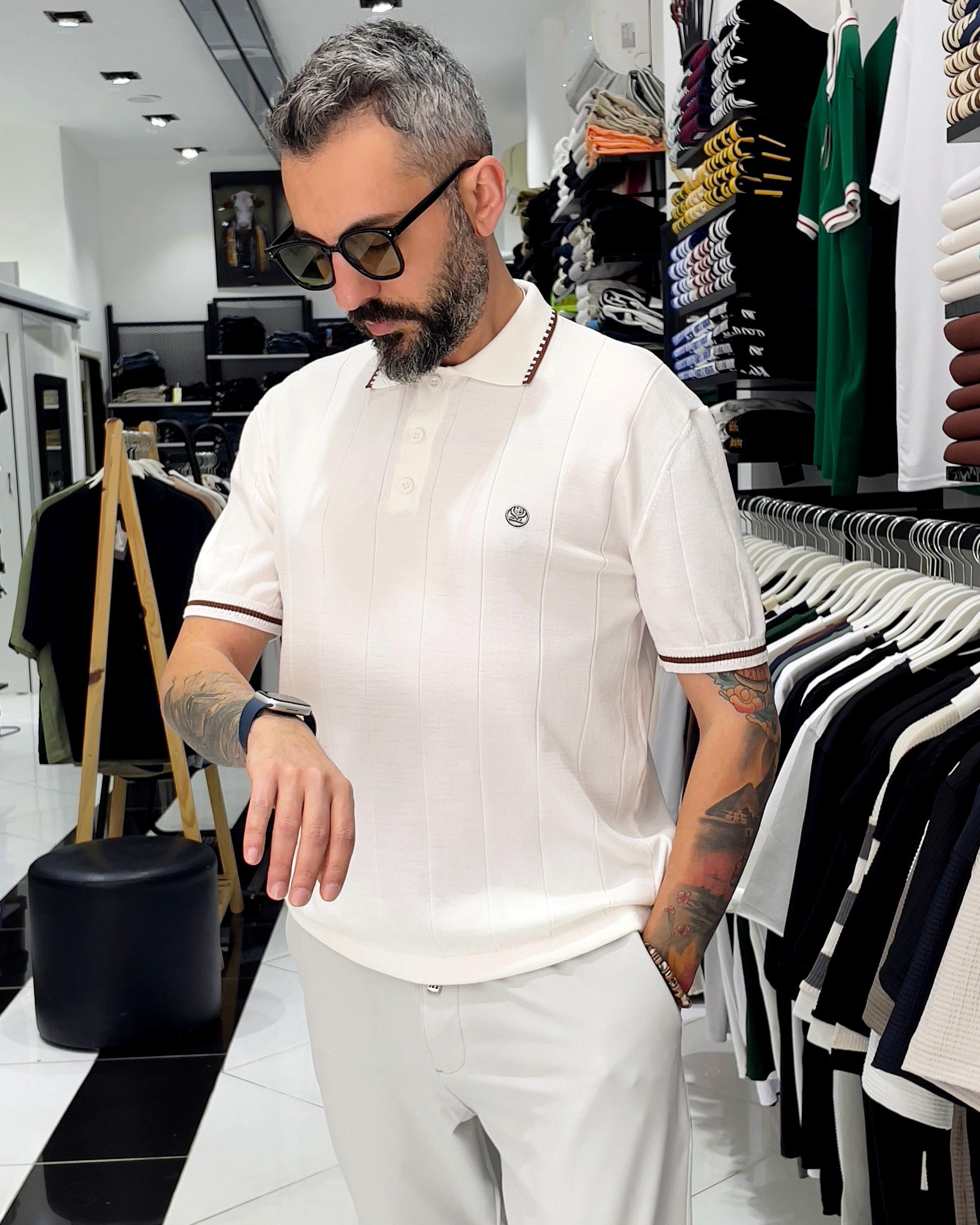 Yaka Ve Kol Detaylı Triko Polo Yaka Erkek T-Shirt - beyaz