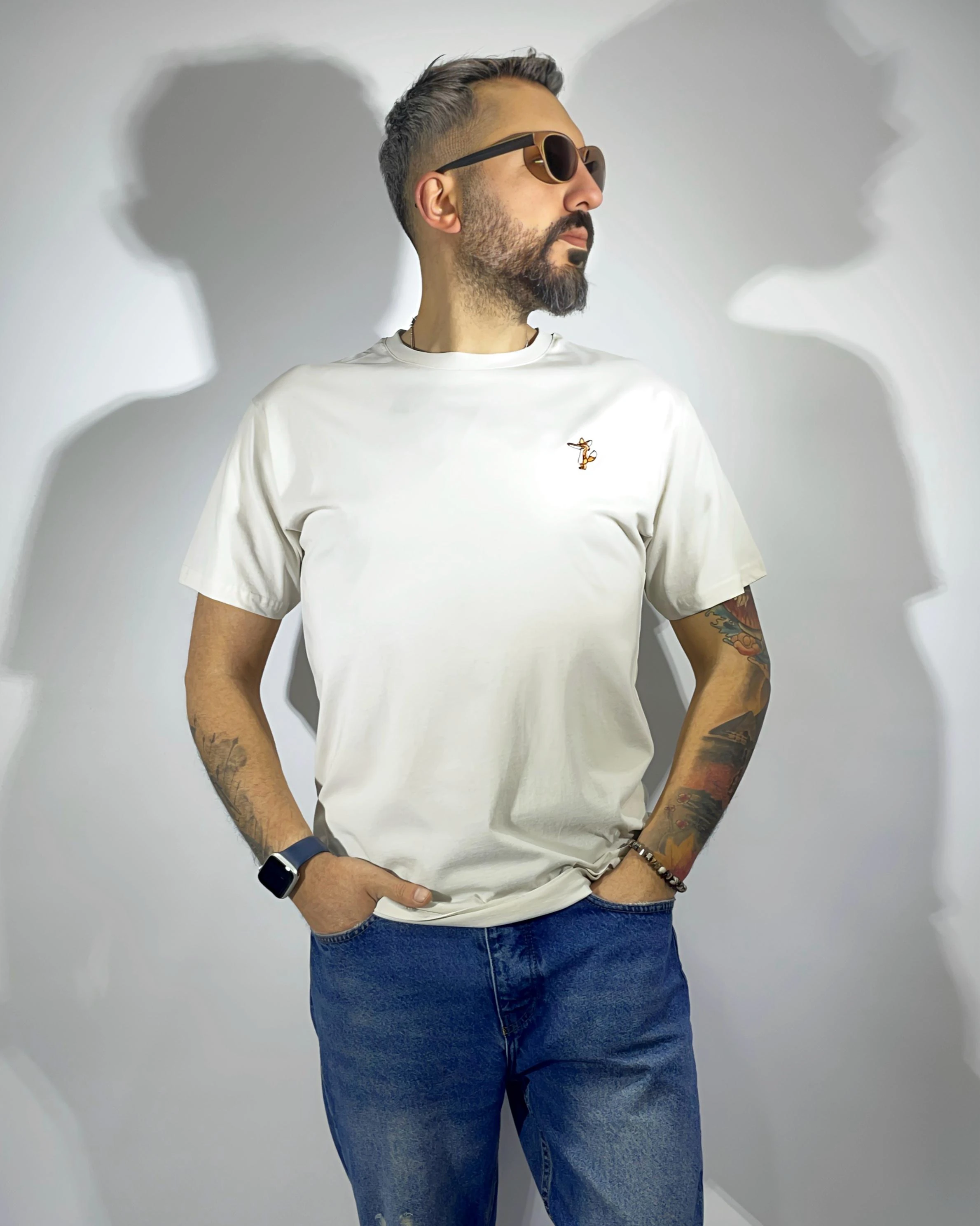 Nakış Detaylı Slim Fit Erkek Tişört – Bej & Lacivert | Higo Man