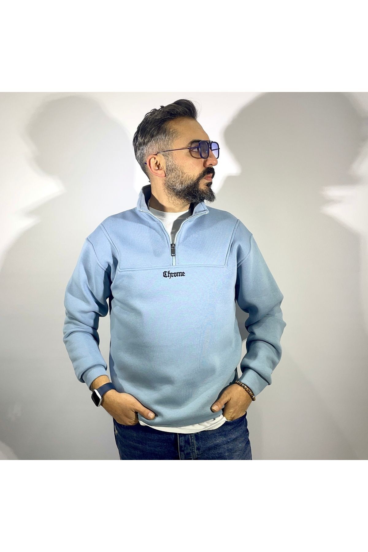 Yarım Fermuarlı Oversize Erkek Sweatshirt - mavi